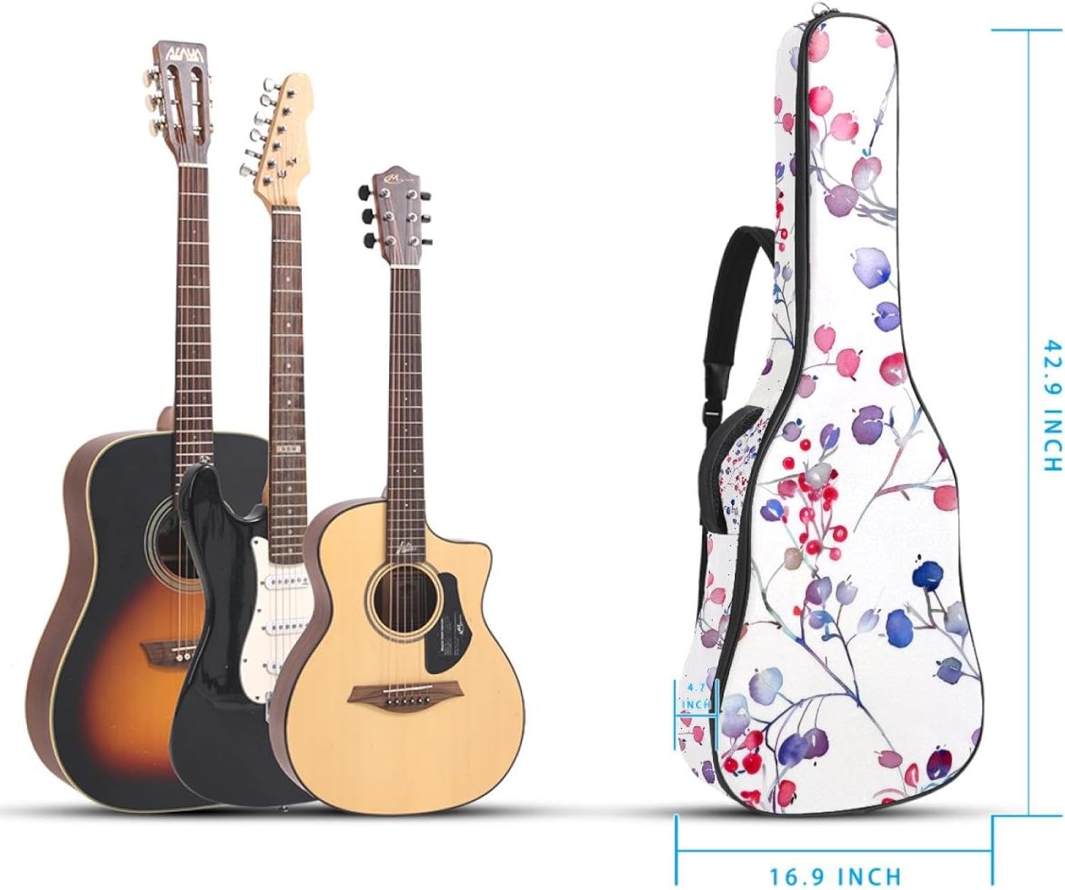 Acoustic Guitar Bag, 40 41 42 Inch Guitar Case Cover Soft Guitar Gig Bag for Acoustic Electric Bass Classical Guitar, Watercolor Sprigs of Plants and Wild Berries