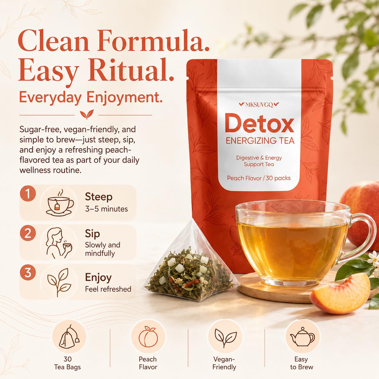 Liver & Kidney Detox Tea, Gut Health Support Herbal Tea.Plant-Based Daily Wellness Drink with Yerba Mate & Green Tea – Supports Digestive Comfort, Energy & Satiety, Vegan, Peach Flavor, 30 Tea Bags(red)
