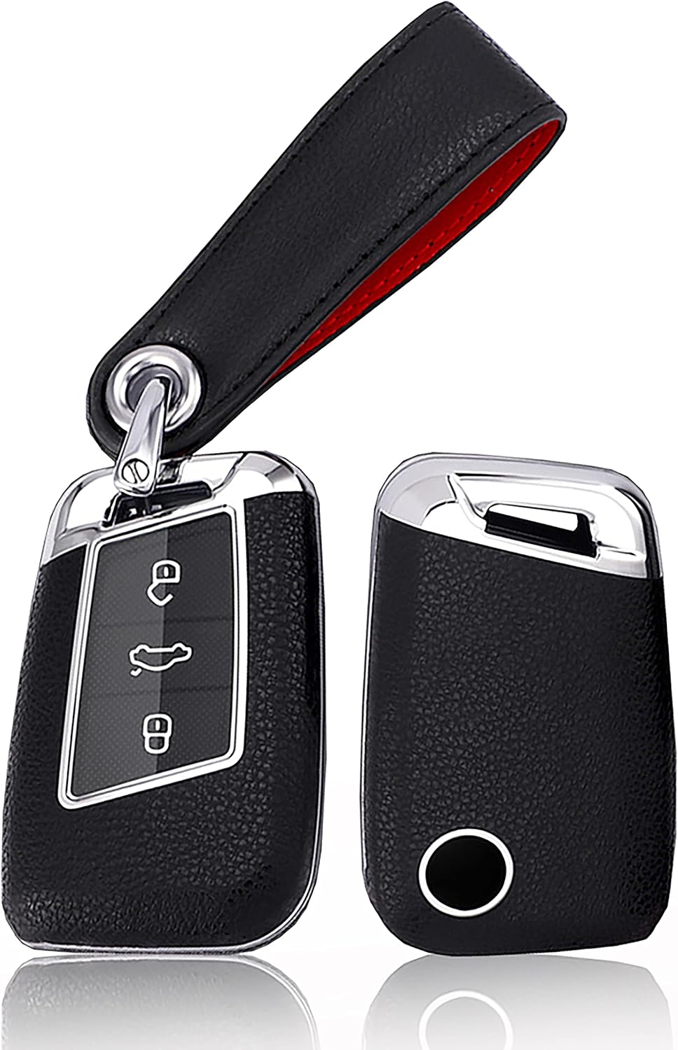 ontto Leather Key Fob Cover Fit for VW Smart Remote,Car Key Case Stylish Key Holder for Volkswagen Arteon Atlas Golf Alltrack Magotan Black