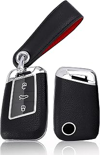 ontto Leather Key Fob Cover Fit for VW Smart Remote,Car Key Case Stylish Key Holder for Volkswagen Arteon Atlas Golf Alltrack Magotan Black