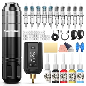 Padieoe Tattoo Gun Wireless Tattoo Kit Complete Tattoo Practice Pen with 1200mAh Power Supply Tattoo Cartridge Needles for Beginners Black WTK387