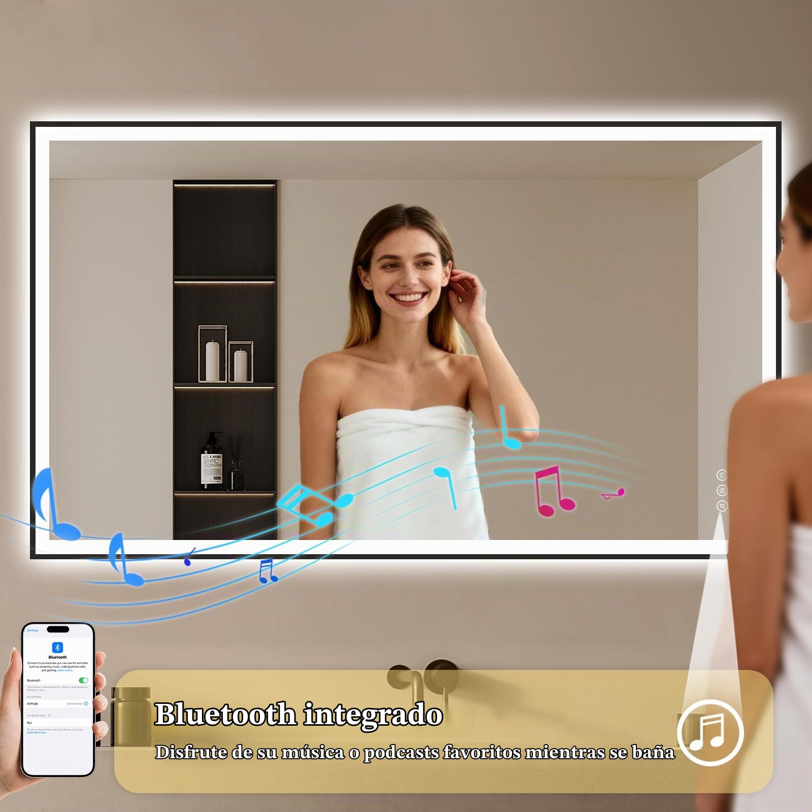 Espejo de baño con iluminación 100 x 70 cm – LED espejo de baño con Bluetooth – Espejo de baño con iluminación, antivaho, regulable, 3 colores de luz, espejo de pared LED negro marco de metal