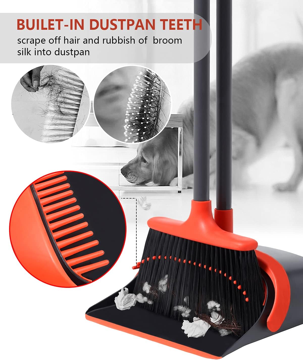 Broom with Dustpan Combo Set, Broom and Dustpan Set with Optional Extension Pole, Brooms and Dustpans with Built-in Teeth for Home Lobby Office, Foldable Storage Standing Dust Pan and Brush Set
