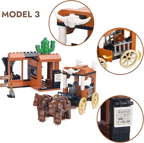 Miniatura 5 de Kit de construcción de carruaje de tren 3 en 1, caballos de animales y establos, posada y carruaje con decoración de cuerno, regalos creativos con