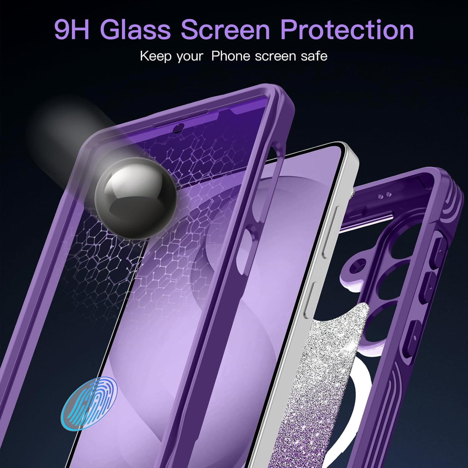 Hekodonk for Galaxy S26 Case Magnetic,[Compatible with Magsafe][Built-in Tempered Glass Screen Protector] [Glitter Card] Full Body Bling Case for Samsung Galaxy S26,Amethyst Purple