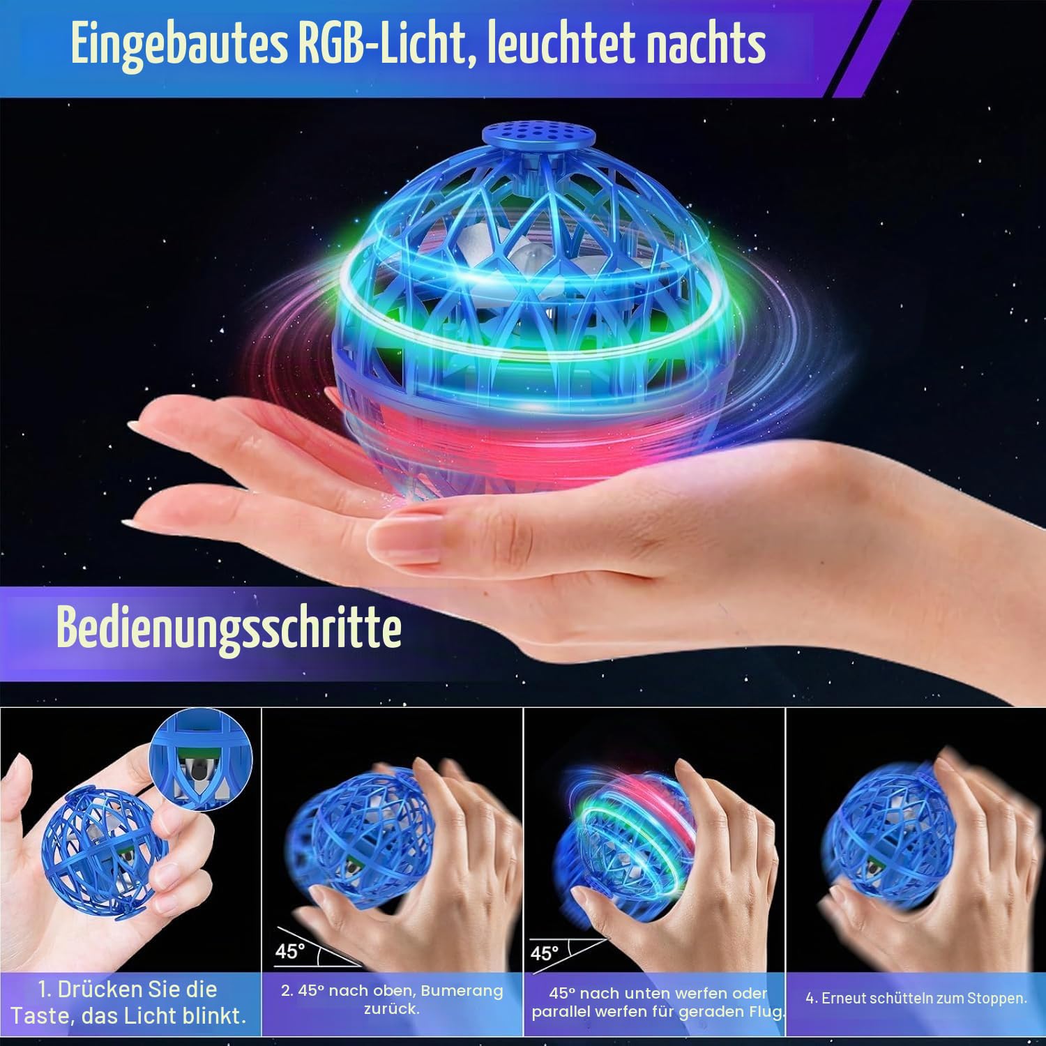 OBEST Mini Fliegender Ball Magischer Flugball Boomerang Flying Orb Ball mit LED Licht, 360 Flip Orbi Drohne UFO Hover Spinner Innen Außen Spielzeug für Kinder Erwachsene Jungen Mädchen Geschenk