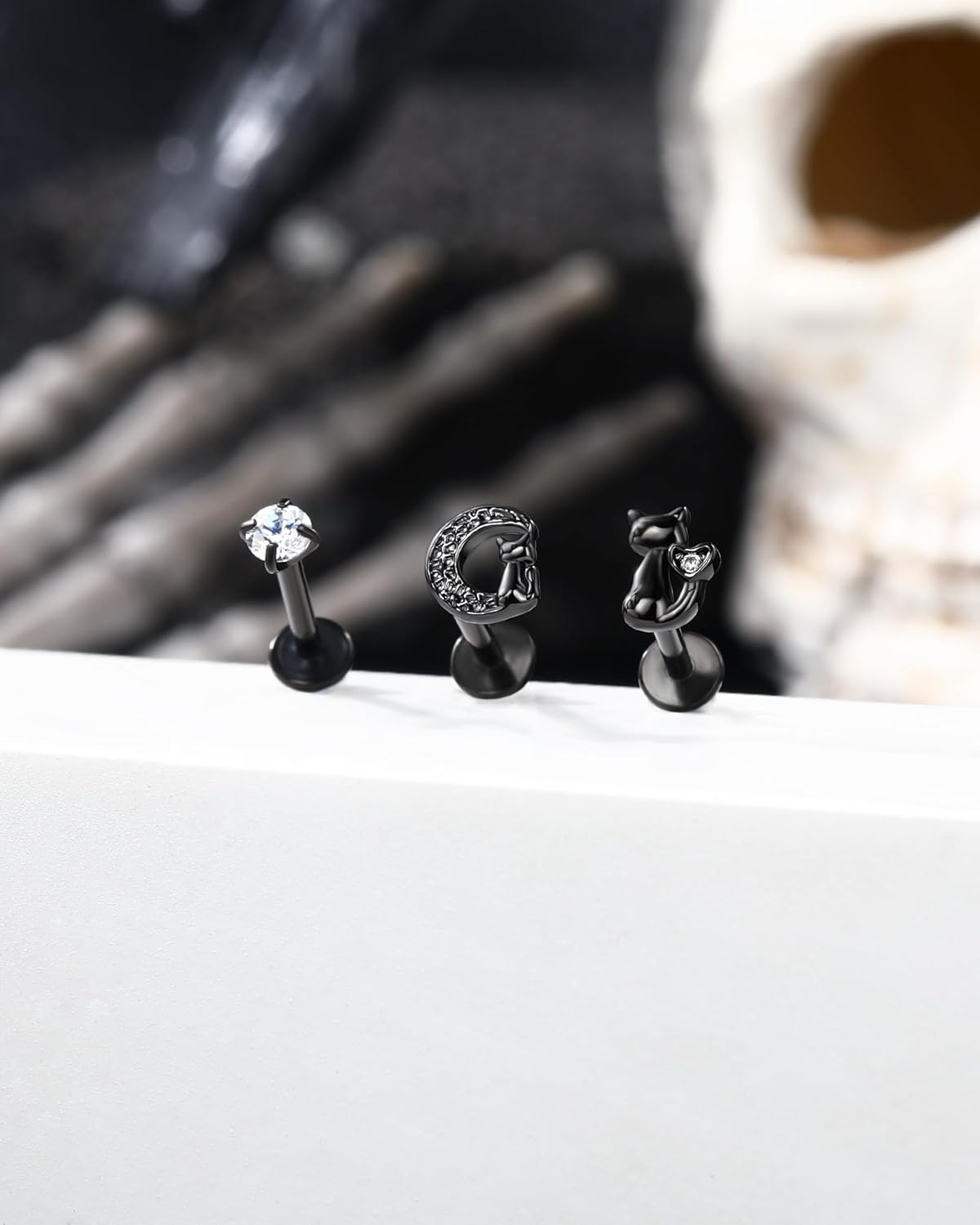 Jewseen 16G Halloween Internally Threaded Tragus Earrings Set Halloween Helix Piercing Jewelry Black Flat Back Earrings Cartilage Lip Nose Stud for Women Men - Image 7