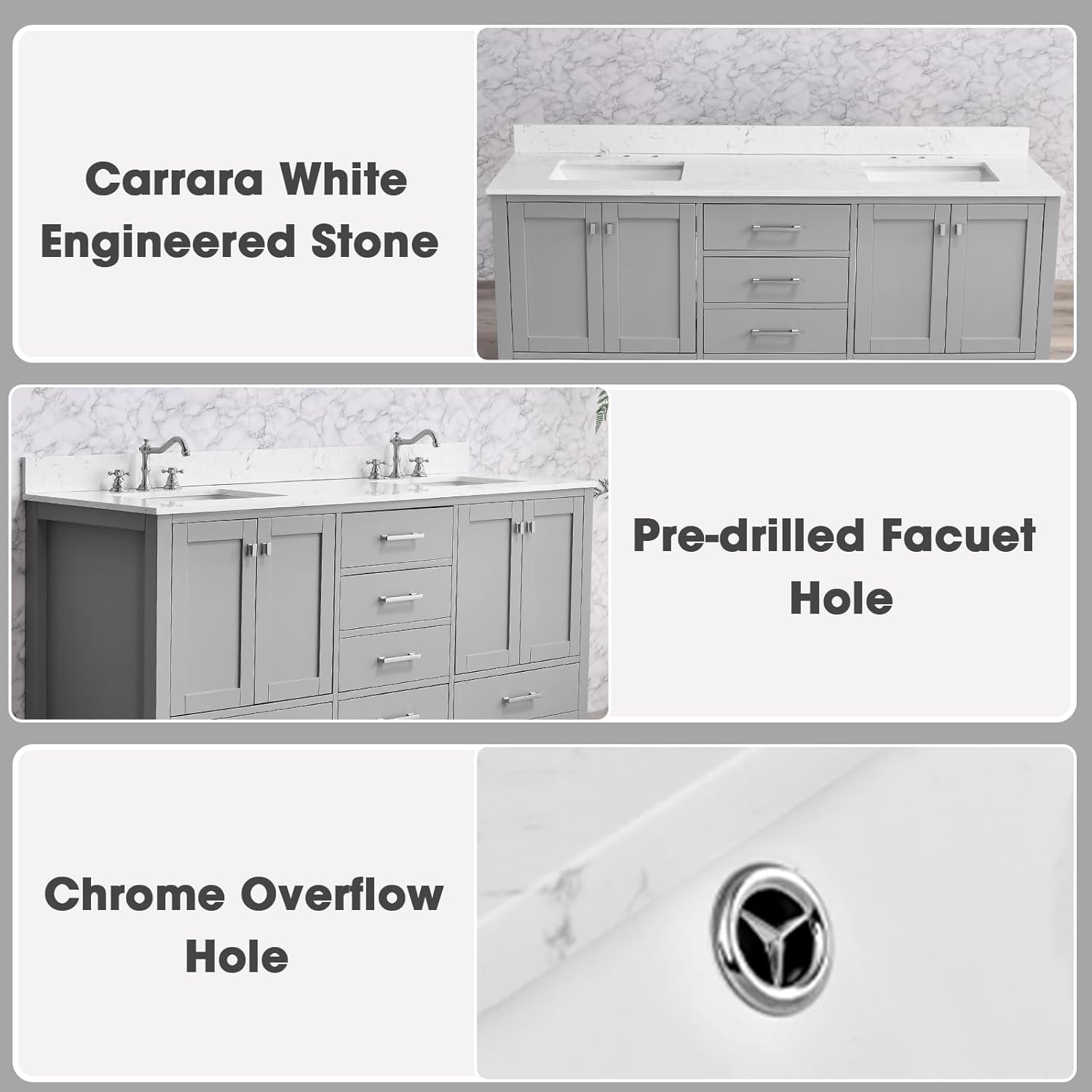 Dornberg 72 in. Bathroom Vanity, Free Standing Bathroom Vanity with Double Sinks, Wood Bath Cabinet with Carrara White Engineered Stone Countertop, 4 Doors & 6 Drawers, Full Assembled, Classic Gray