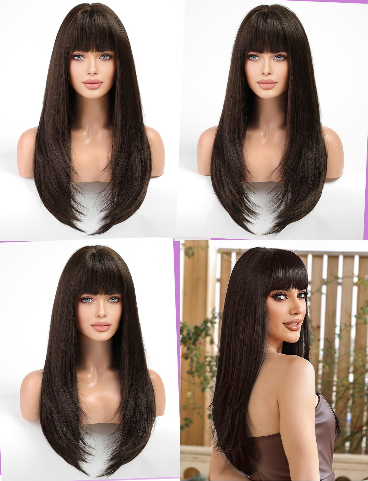 WOKESTAR Brown Wigs for Women Layered Straight Long Wig with Fringe, Dark Brown, 26 inch - Image 4