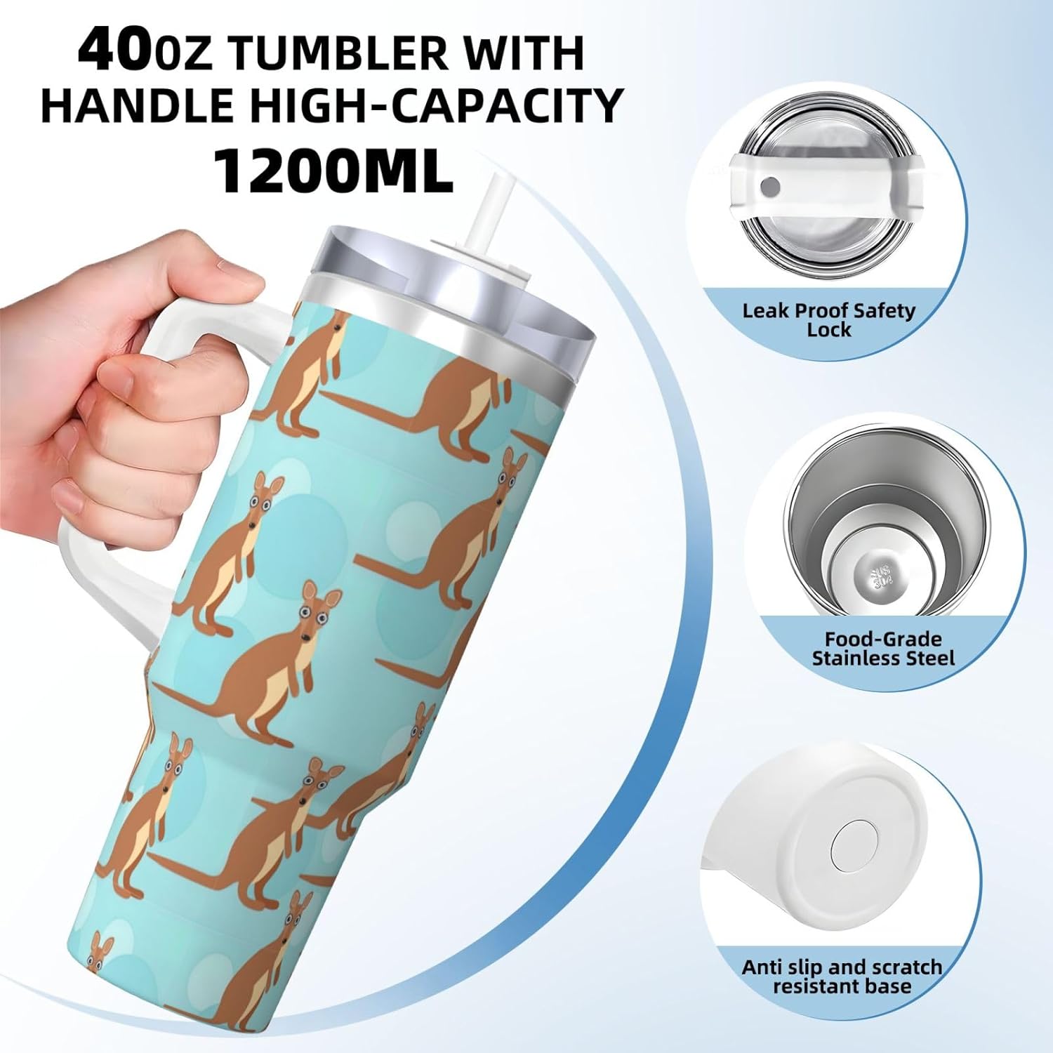 40 OZ Funny for Kangaroo Zoo Print Ice Bully Cup with Handle Straw Lid Straw,Stainless Steel Tumbler Coffee Cup