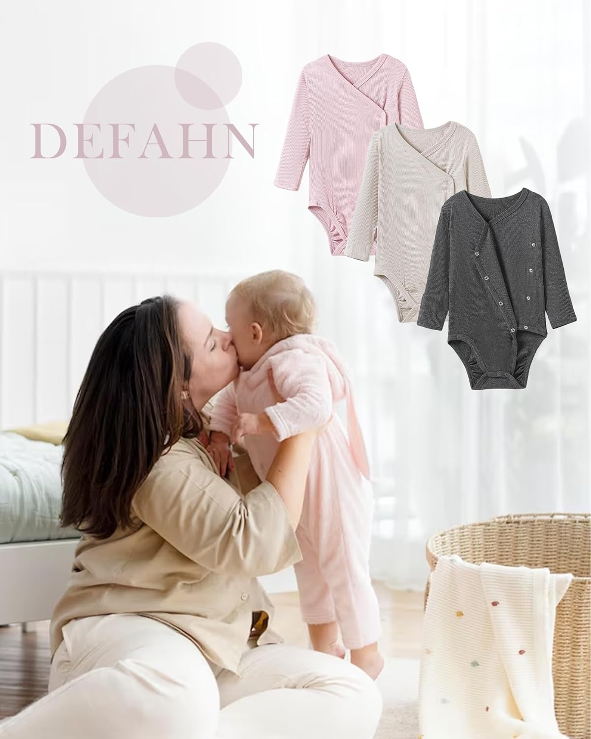 DEFAHN Viscose from Bamboo Baby Side Snap Bodysuit Kimono Onsies 3-Pack Long Short Sleeve Boy Girl Boys - Image 4