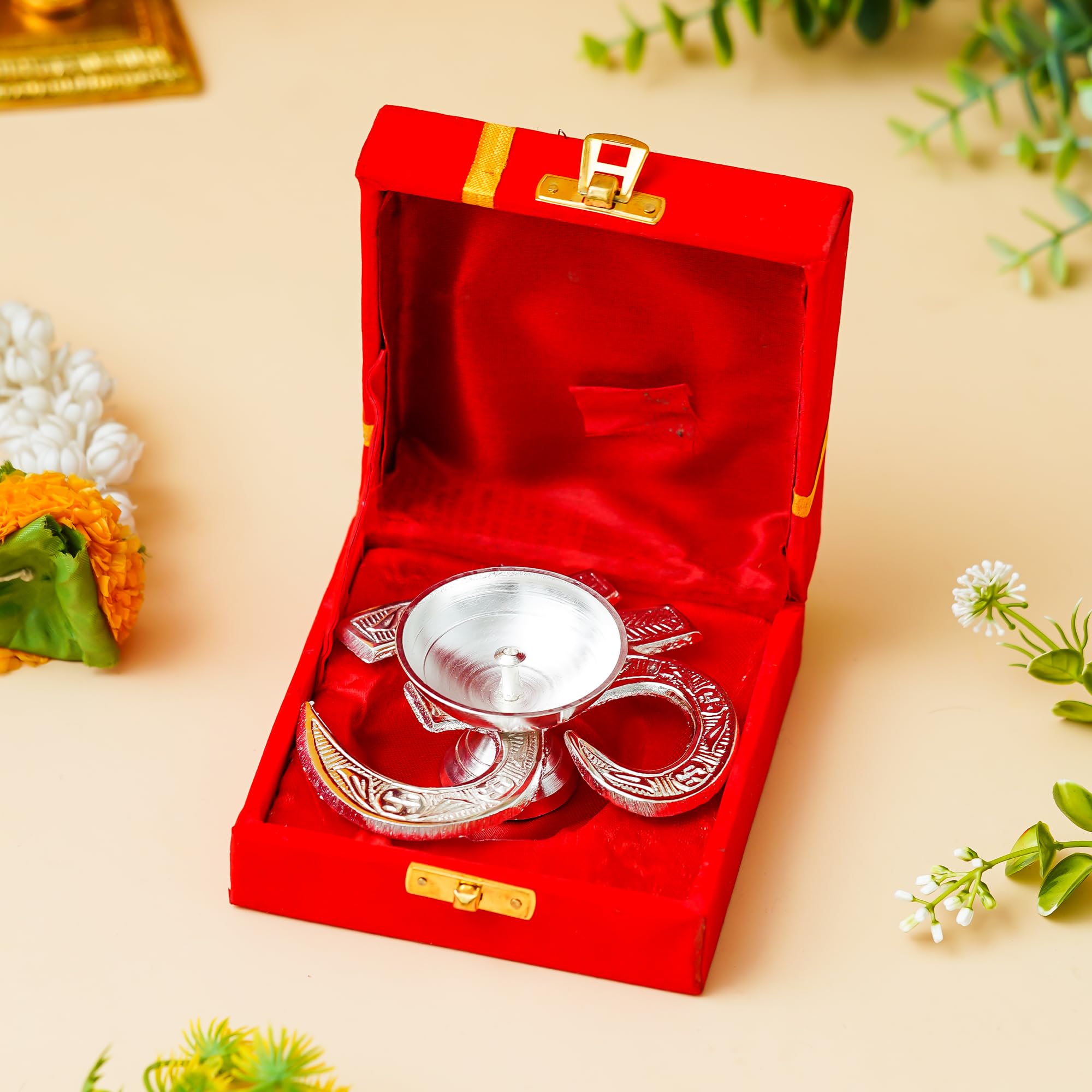 Webelkart Antique Om Silver Akhand Diya with Velvet Box for Pooja Decor | Diya for Diwali| Oil Lamp for Home( 4.5" Inches)-image-13