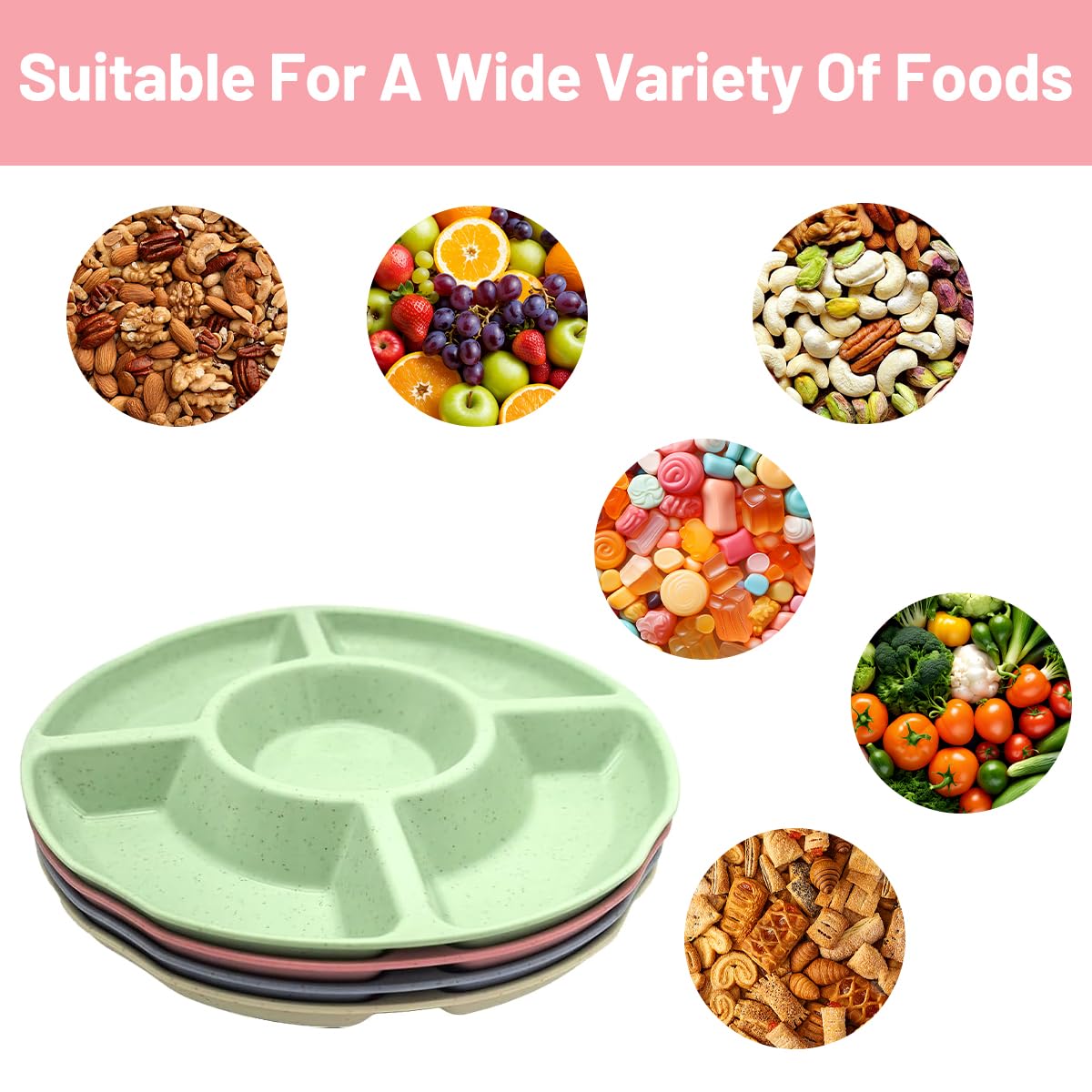 Piatto da spuntino con scomparti a 4 scomparti per snack, vassoio per frutta con scomparti in