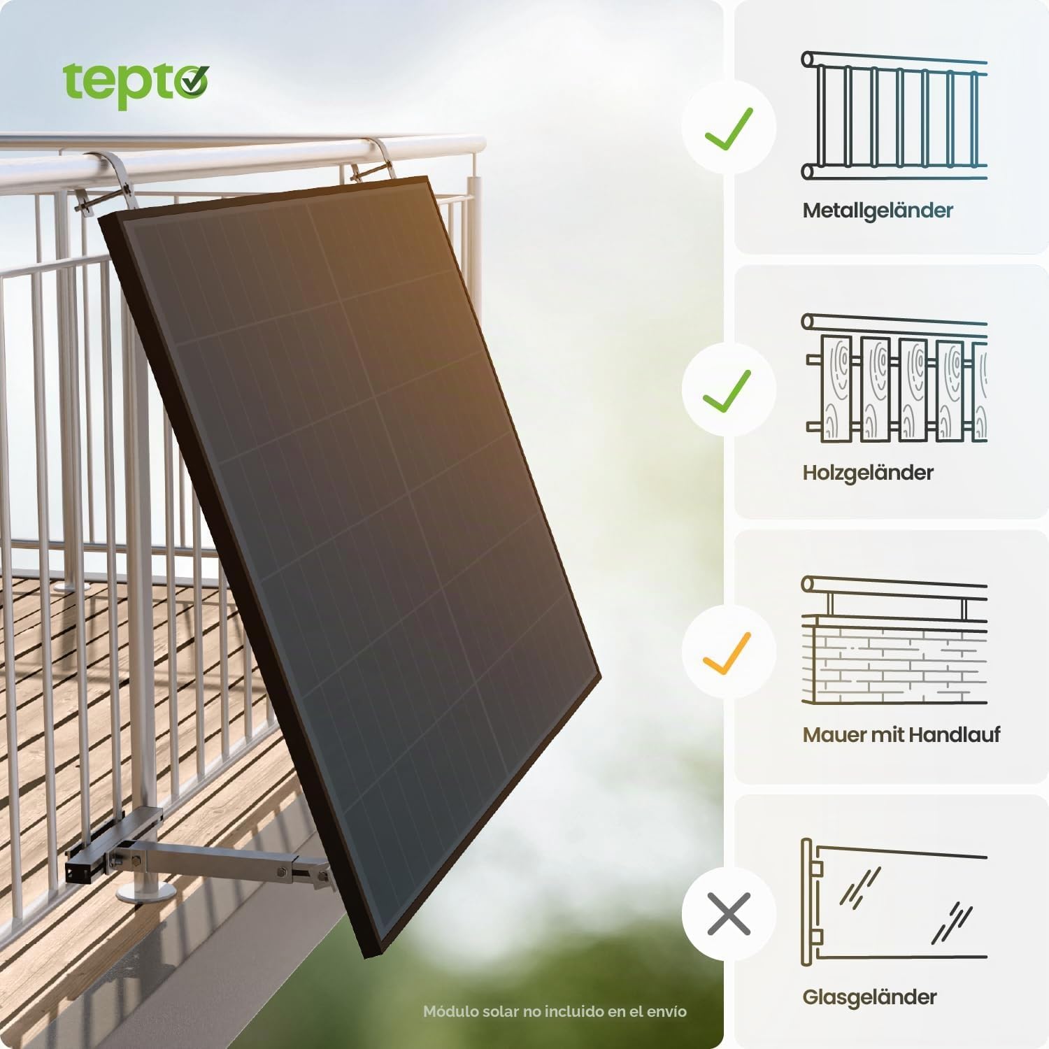 Balkonkraftwerk - Kit de montaje para barandilla de balcón, fijación de panel solar, estable, fácil instalación, para 1 módulo