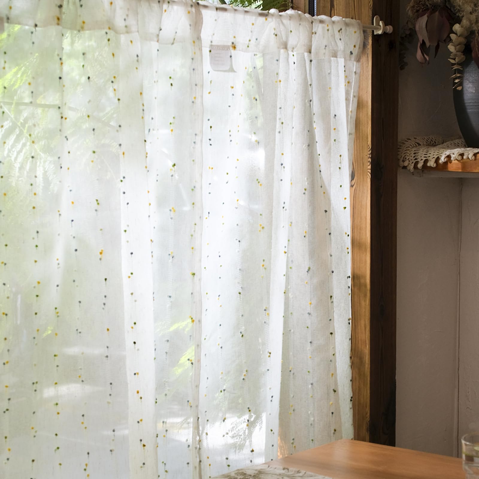 TOPICK Green Pom Pom Linen Look Kitchen Cafe Curtains, W26 xL24, 2 Panels — image 1