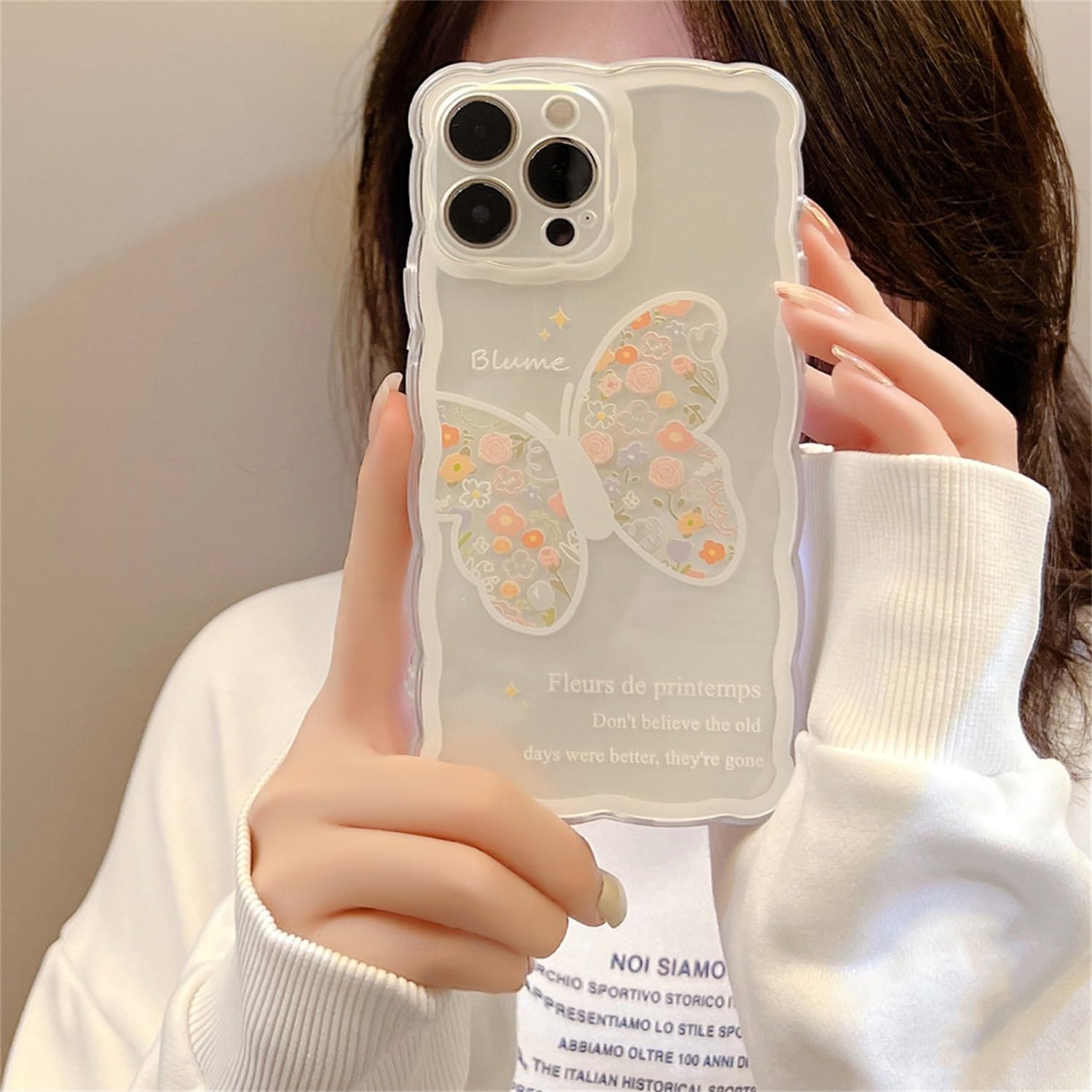 Custodia trasparente per iPhone 15, con motivo floreale astetico, farfalla, silicone TPU, design con bordo ondulato, per ragazze, custodia protettiva per iPhone 15