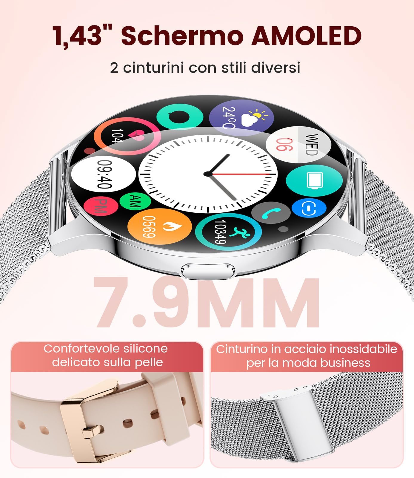 ESFOE Smartwatch Donna,Display AMOLED curvo 1,43", 7,9 mm ultrasottile,Orologio Smart Watch con Chiamate,2 Cinturini,Frequenza Cardiaca,IP68 Impermeabile Fitness Tracker Android iOS Argento