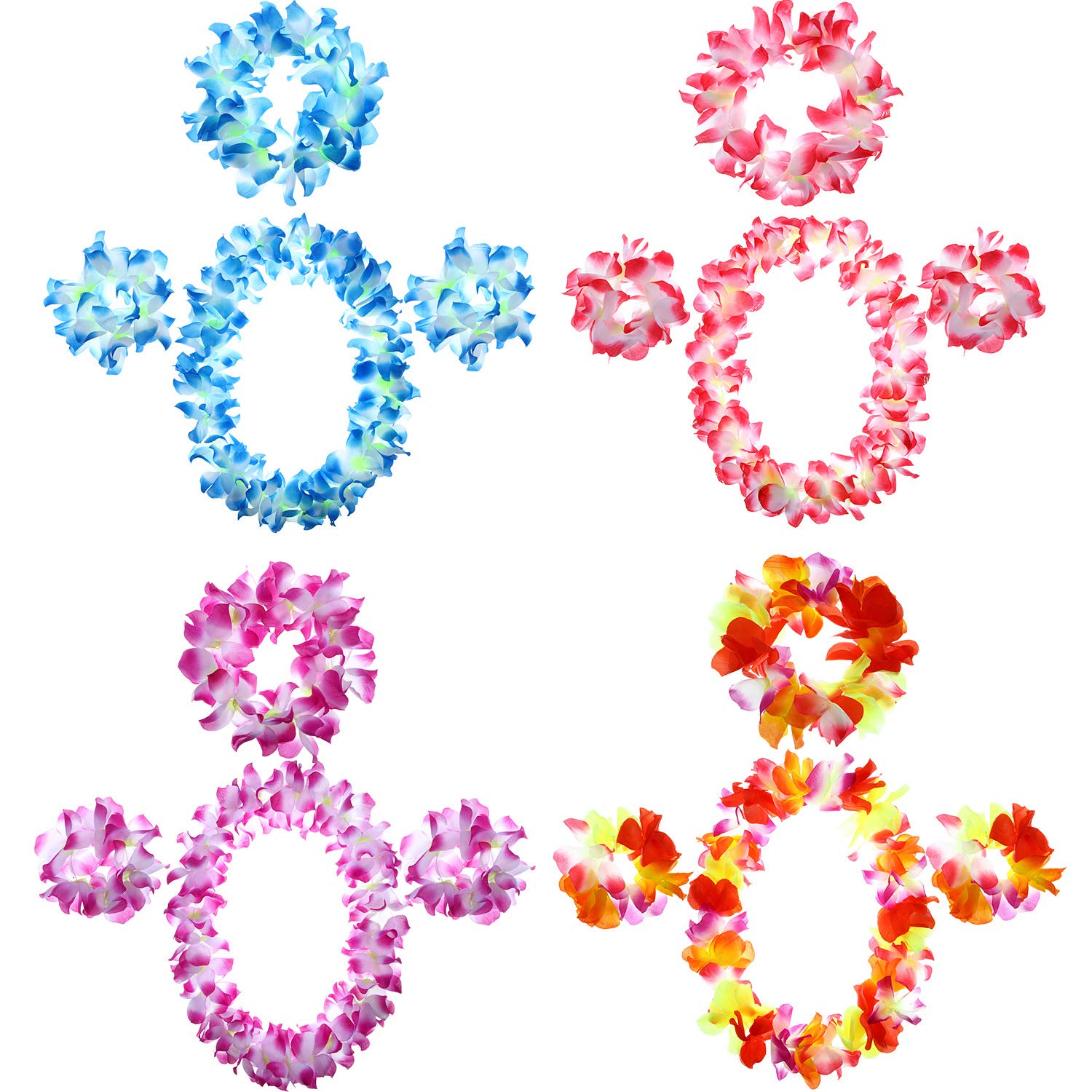 Blulu 4 Sets Hawaiian Flower Leis Jumbo Necklace Bracelet Headband Set Tropical Luau Party Flower Decorations Hawaiian Leis for Graduation Party Beach Luau Costume Accessories