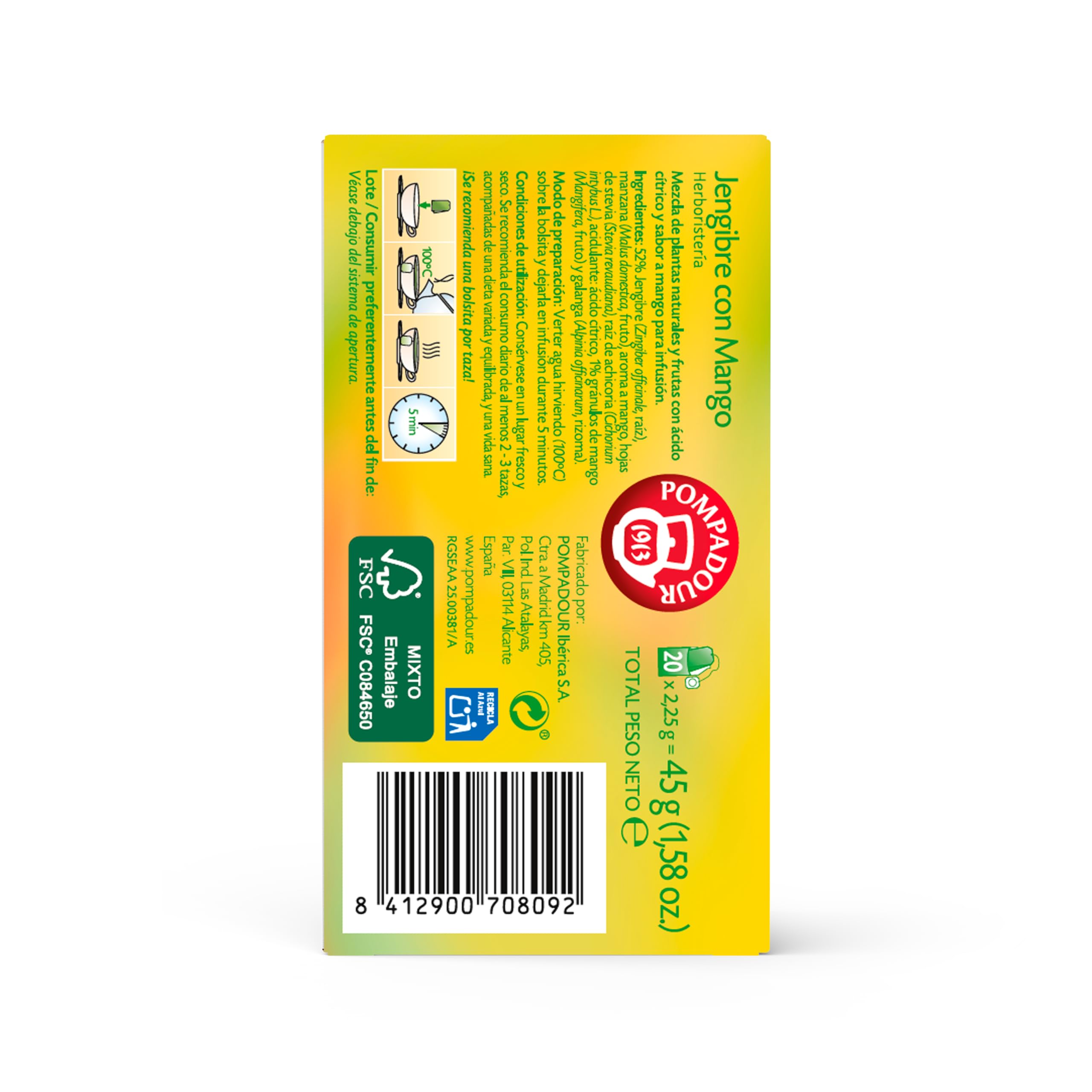 Pompadour Infusión Jengibre con Mango 20 Bolsitas de 2,25 Gr