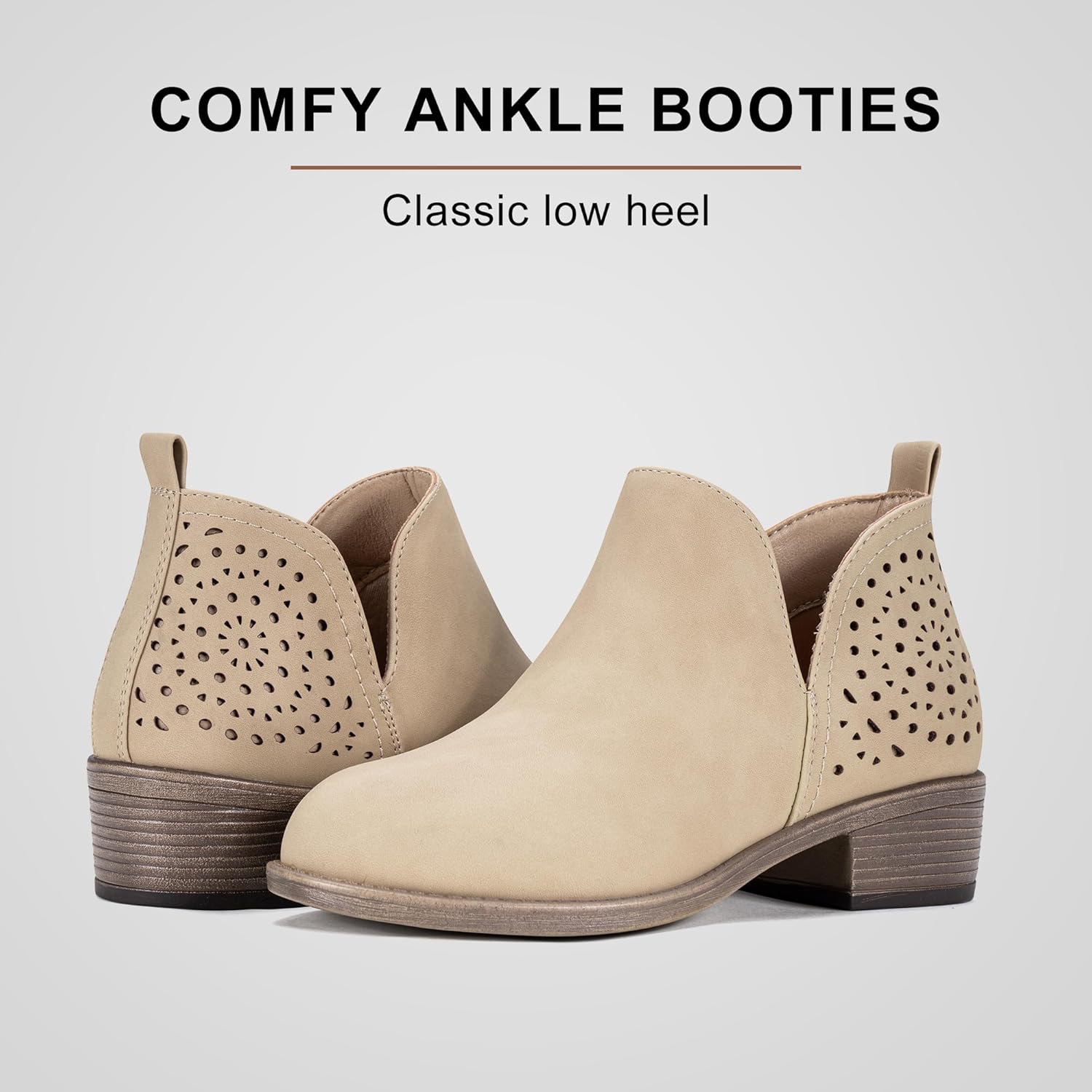 Vepose Women's Short Ankle Boots Low Heel, Western Cutout Perforated Booties - Image 8