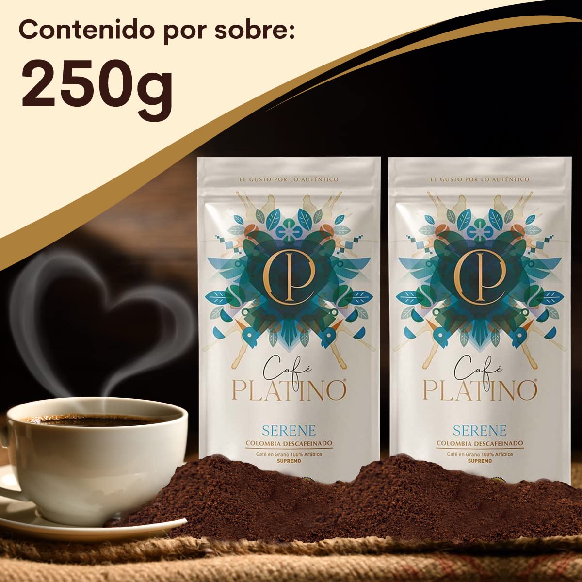 Café Platino Serene - Pack 2 sobres de 250g - Café Gourmet Molido Descafeinado de Colombia Supremo - 100% Arábica