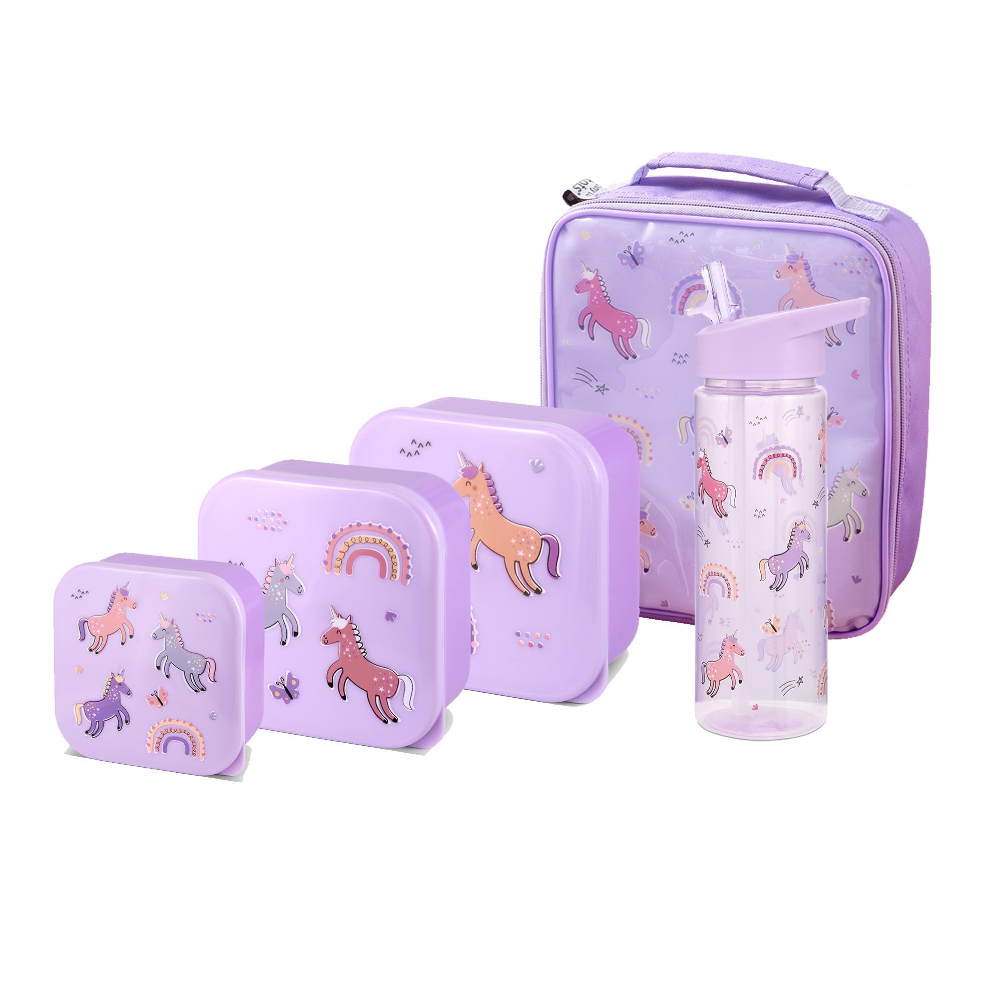 Girls Lunch Bag Set, Unicorn Straw Sipper, 3 Pack Nested Boxes, Tiny to Tots Unisex Multicompartment Storage School Lunch Food Set, 500ml Water Bottle (Unicorn Nested Boxes + Lunch Bag + Straw Sipper) — image 1