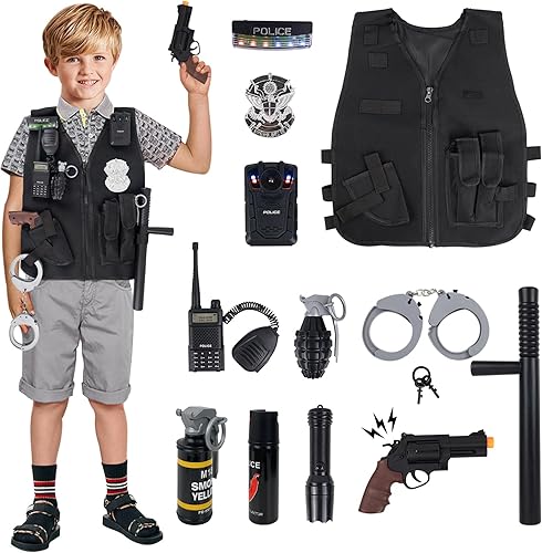 Disfraz de policía para niños, uniforme de oficial de policía con juguetes, accesorios de policía, juego de rol, conjunto de disfraz de policía para