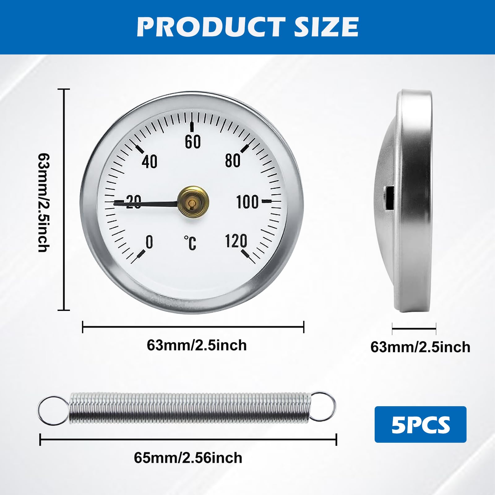 Thermomètre Industriel Pour Tuyauterie, 5 Pièces Température Bimétallique étanche à La Poussière De 63 mm, Thermomètre à Ressort, Thermomètre 0-120° Avec Ressort Avec Clip Pour 20 mm à 60 mm