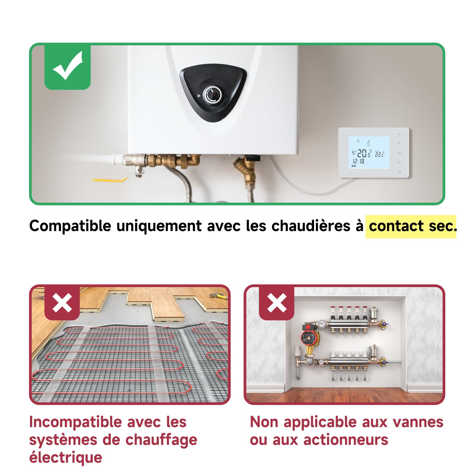 Beok Thermostat Chaudiere Gaz 2 Fils à Piles,Thermostat Mural, Thermostats Programmable Filaire,Thermostats d'ambiance,Alimentation par Piles 2 AA,Aucune Fonction WiFi,Pile Non Incluse