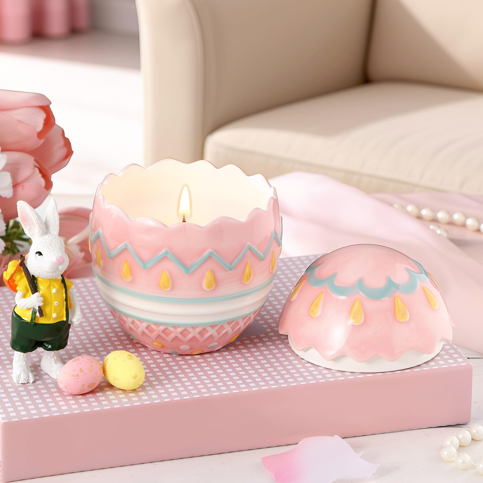 Lounsweer Easter Eggs Candle for Spring Table Decorations Easter Bunny Egg Decor Scented Candle Cute Decorative House Warming Gifts for Women(Pink Egg)