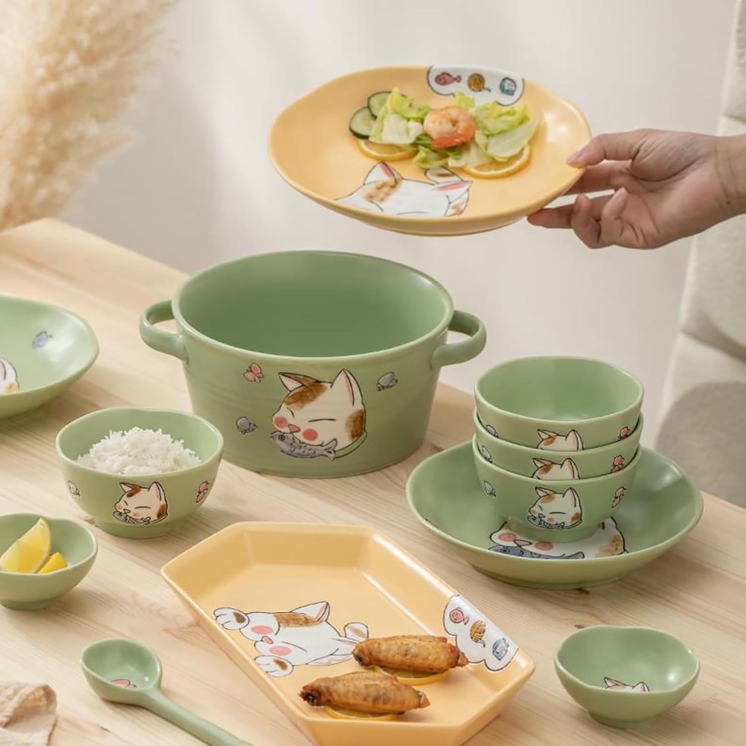 Japanese-style home hand-drawn cartoon creative cute, simple and delicate irregular tableware - 12-inch hexagonal fish plate - cat (orange)