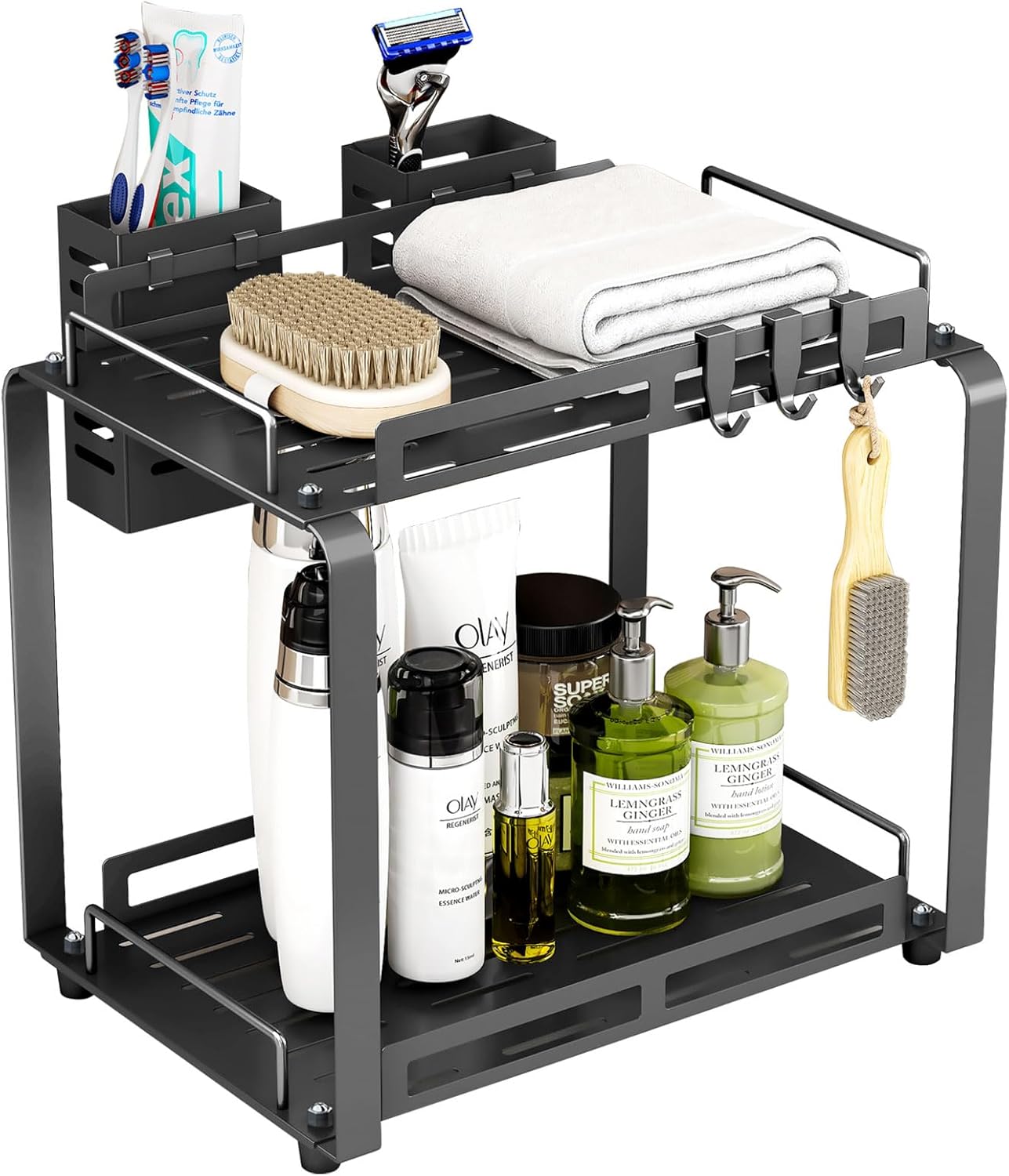 Large Bathroom Organizer Countertop,2 Tiered Organizer Shelves with Toothbrush Holders,Bathroom Counter Storage Rack with Basket and Hooks Metal Black
