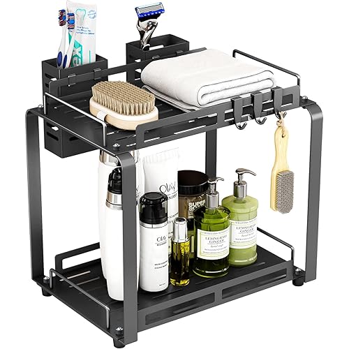 junyuan Large Bathroom Organizer Countertop,2 Tiered Bathroom Organizer Shelves with Toothbrush Holders,Bathroom Counter Storage Rack with Basket and Hooks Metal Black