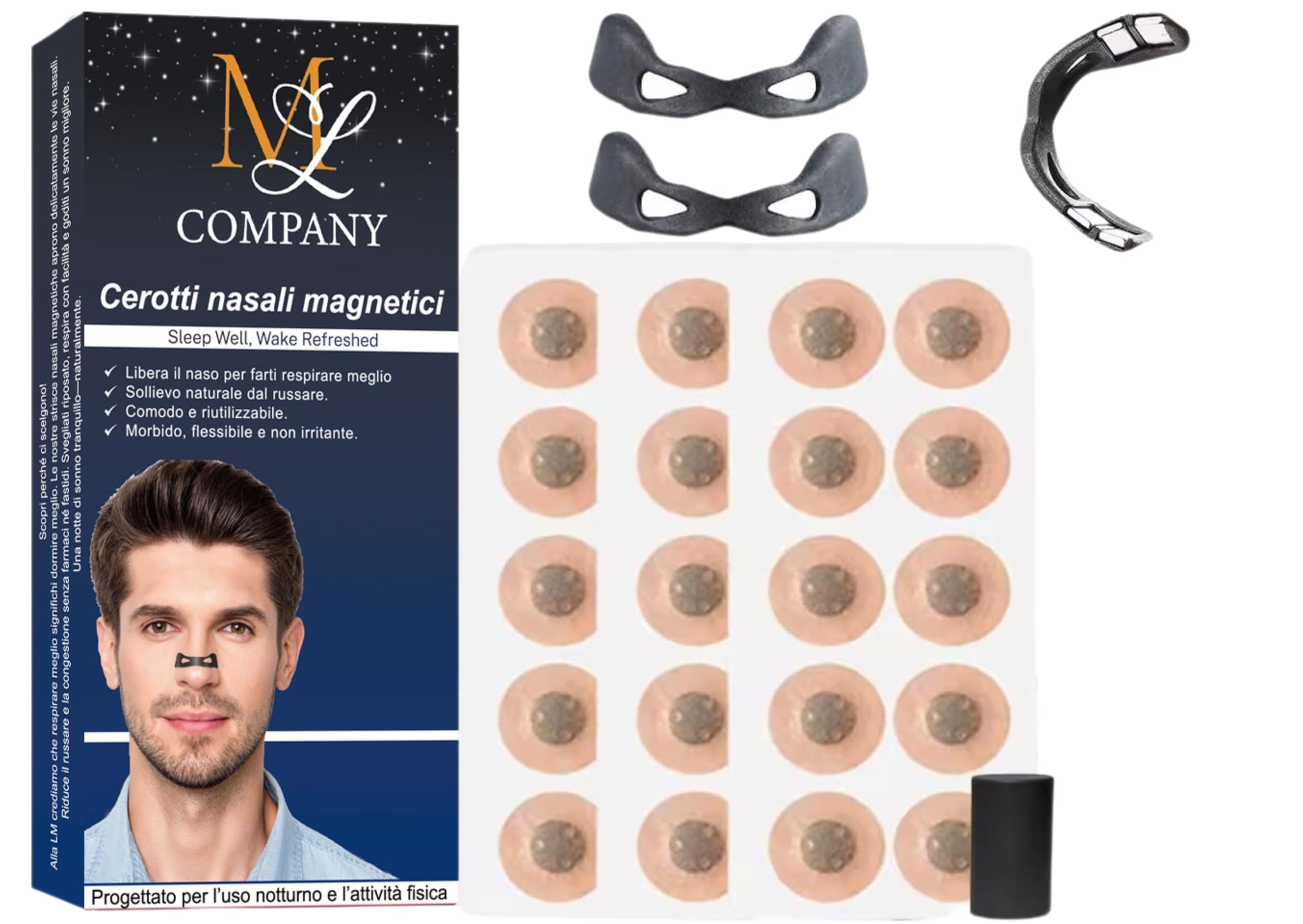 60 Cerotti Nasali Magnetici Antirussamento, Dilatatori Naso con Clip Magnetica per Respirazione Notturna, Sollievo da Russamento e Congestione, Sport