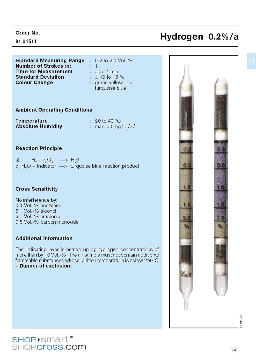 Draeger Safety 8101511 Glass Detector Tube, Detects for Hydrogen, 0.2