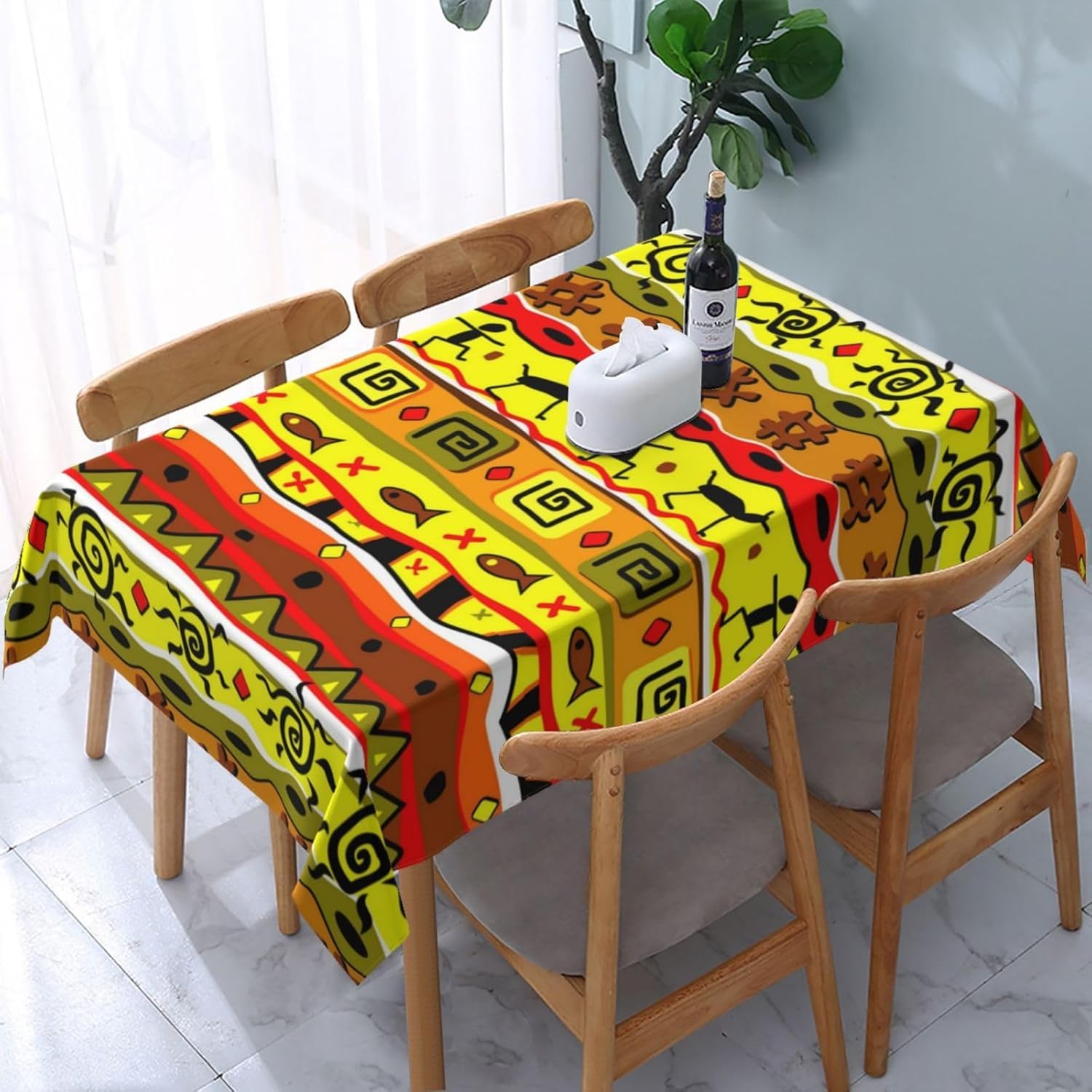 Tovaglia Antimacchia 300x140 cm Rettangolare Africa Tovaglie Impermeabile 3 Metri Copritavolo Poliestere Protezione Tavolo Tradizioni Tribali Africane, per Feste (12-14 Posti) a-5298