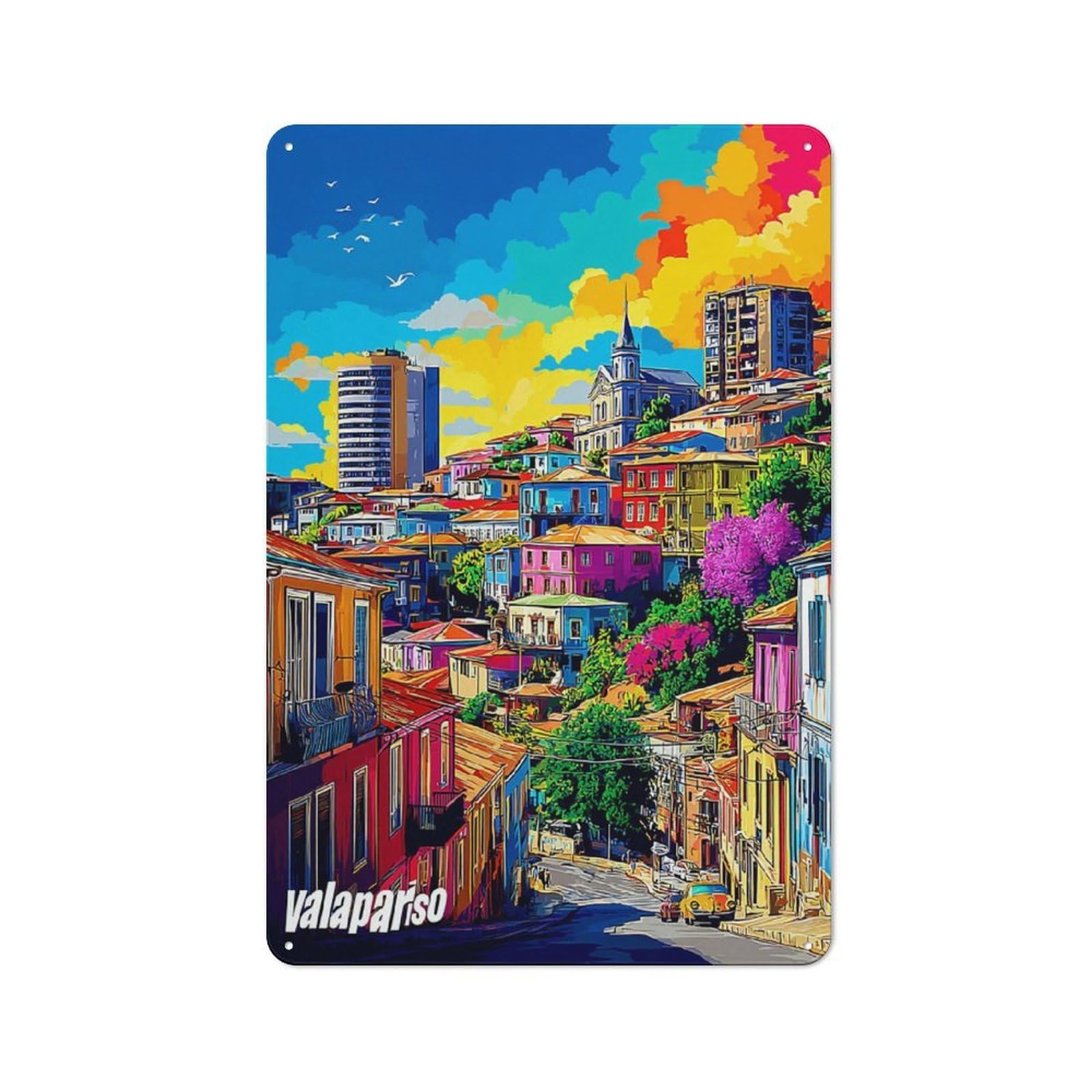Junmoney Colorful Hillside Cityscape Classic Metal Sign 30X20cm Featuring Bar Wall Plaque For Diner, Restaurant, Shed Or Kitchen