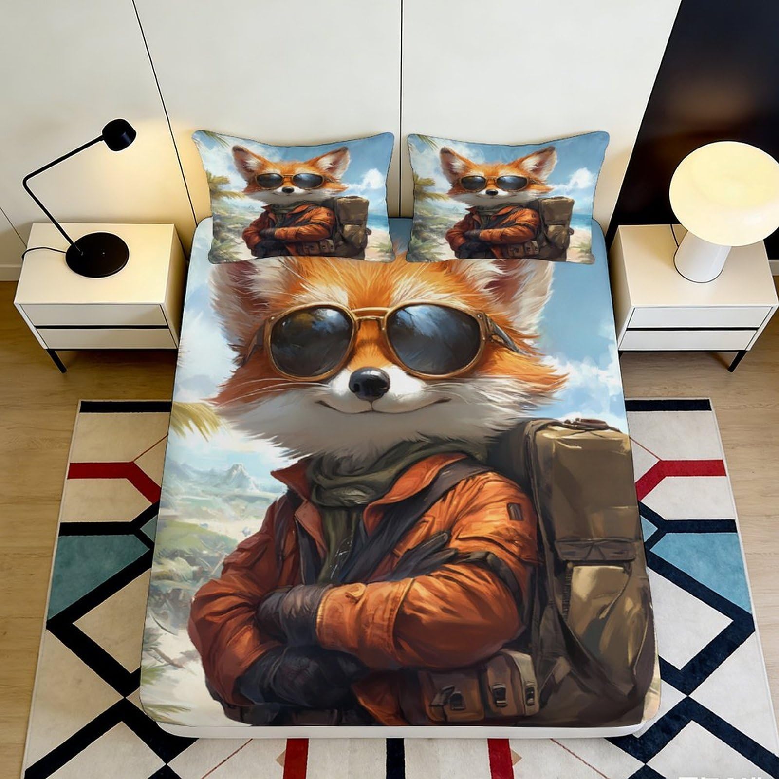 Pnayamiorkfel Style-5 3D Printed Fox With Sunglasses Fitted Sheet Microfiber Orange Cartoon Bed Cover For Bedroom Guest Room Decor 90X200x25cm