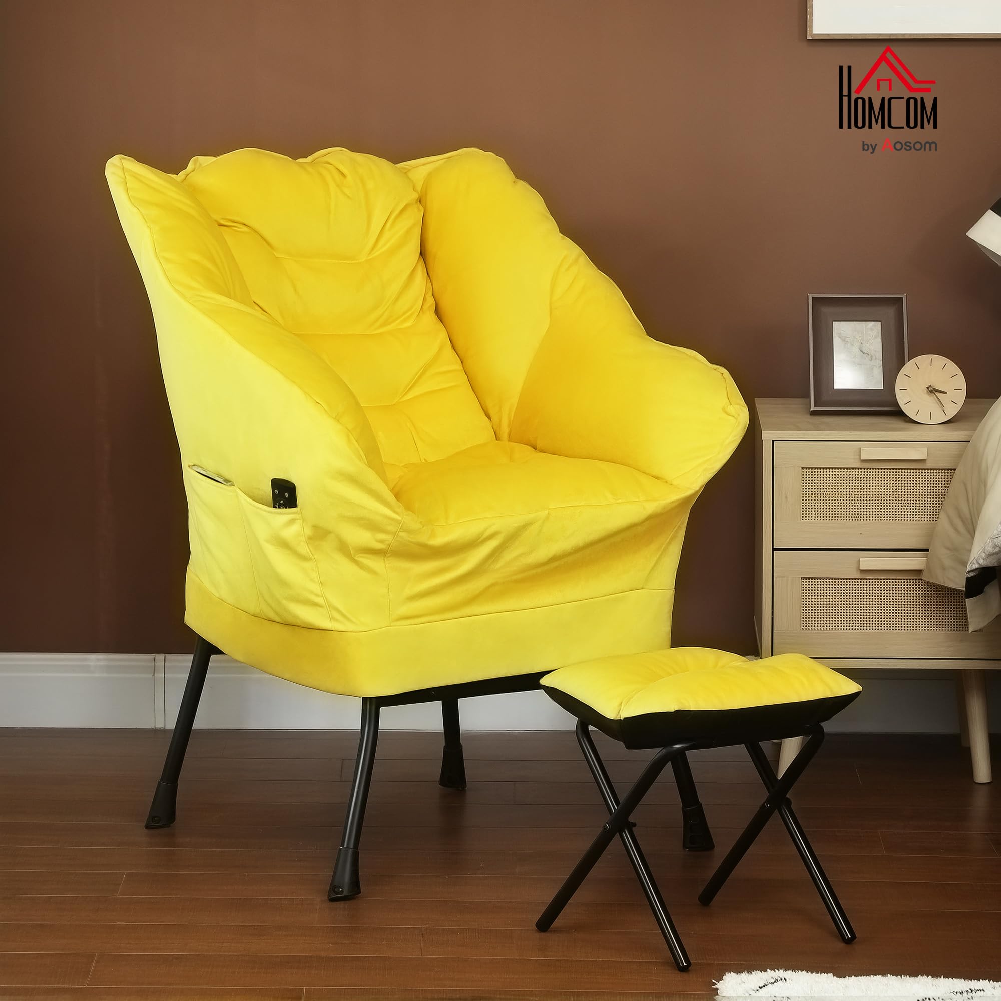 HOMCOM Sillón de Salón con Reposapiés Sillón de Relax Butaca para Dormitorio con Bolsillos Laterales y Patas de Acero para Sala de Estar Amarillo