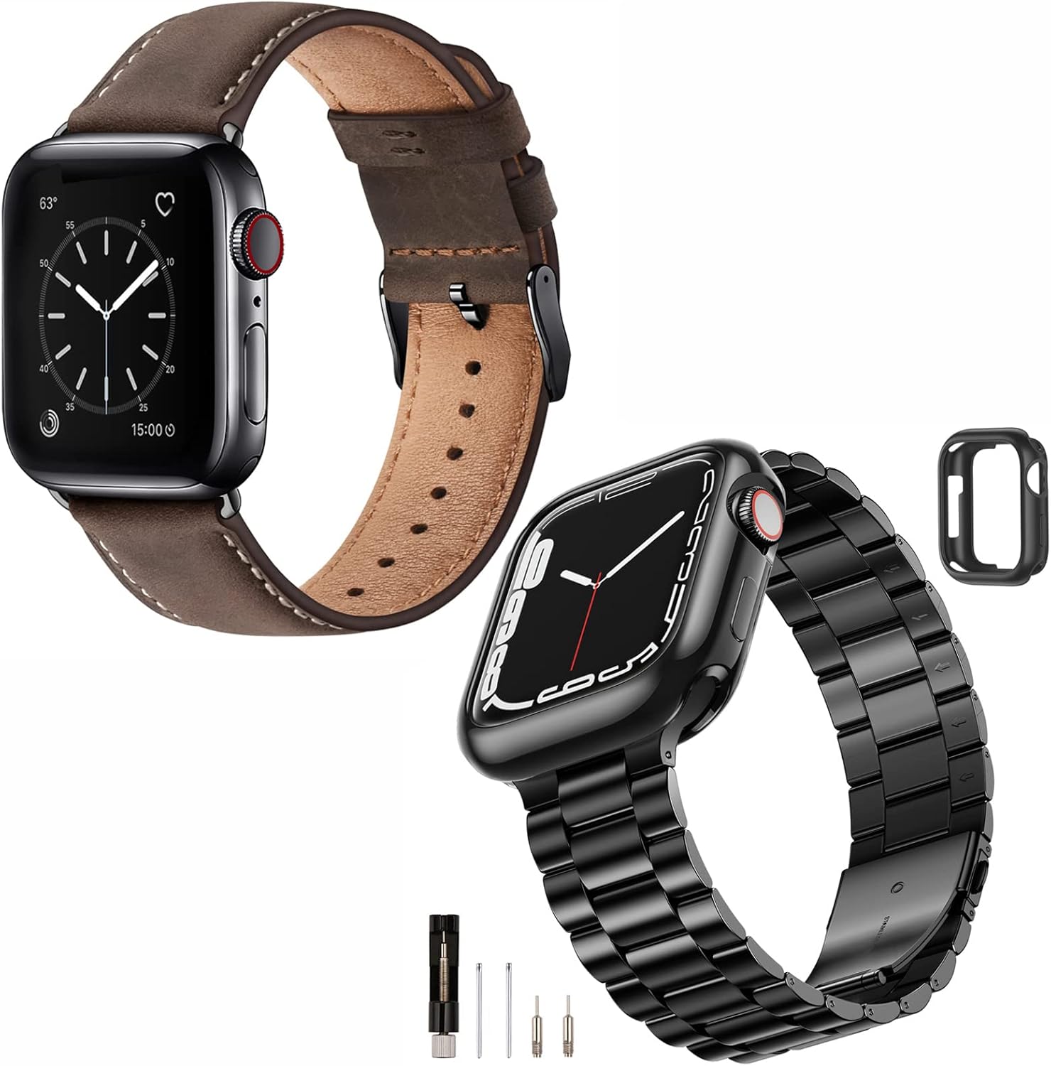 SUNFWR Compatible with Apple Watch Band 45mm 44mm 42mm for Men Women, Stainless Steel Metal iWatch Band with Case + Top Grain Genuine Leather Band for Apple Watch Series 9/8/7/6/5/4/3/2/1/SE/SE2
