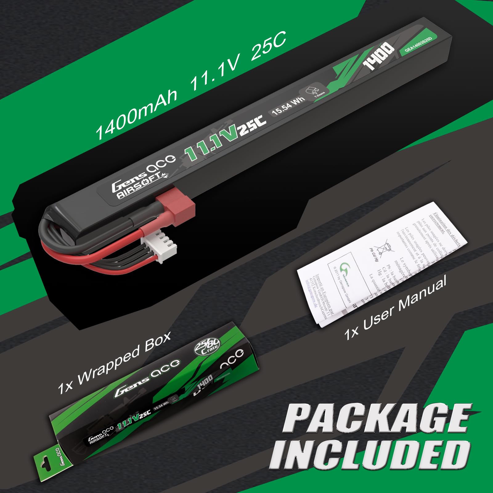 Gens Ace 3S 11,1V 1400mAh 25C Akumulator LiPo z wtyką T Deans do Airsoft AEG