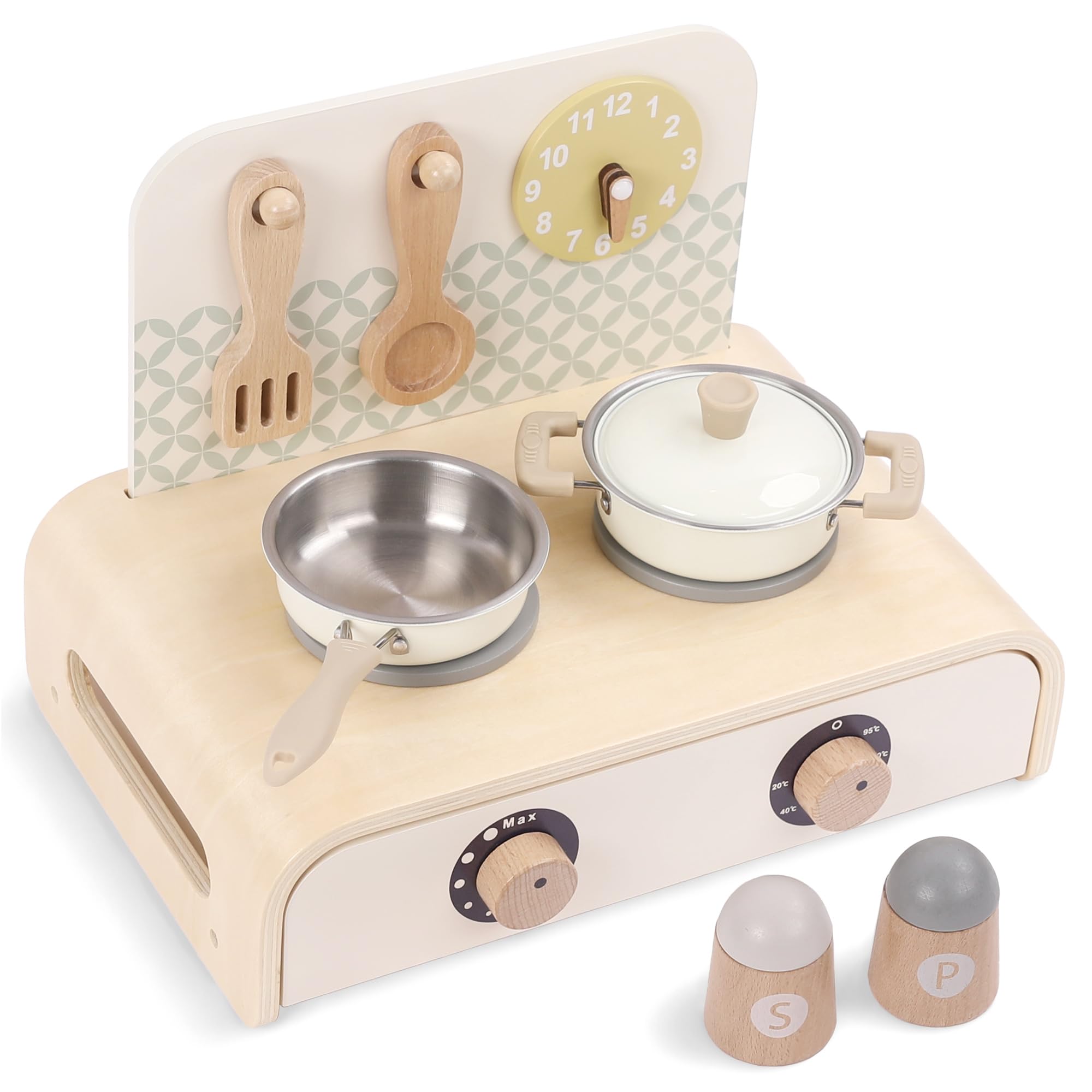 Kinderküche Zubehör Holz, Mini Spielküche Spielset mit Topf, Pfanne & Zubehör, Drehbare Knöpfe mit Klickgeräusch, Montessori Spielzeug für Kinder ab 3 Jahren