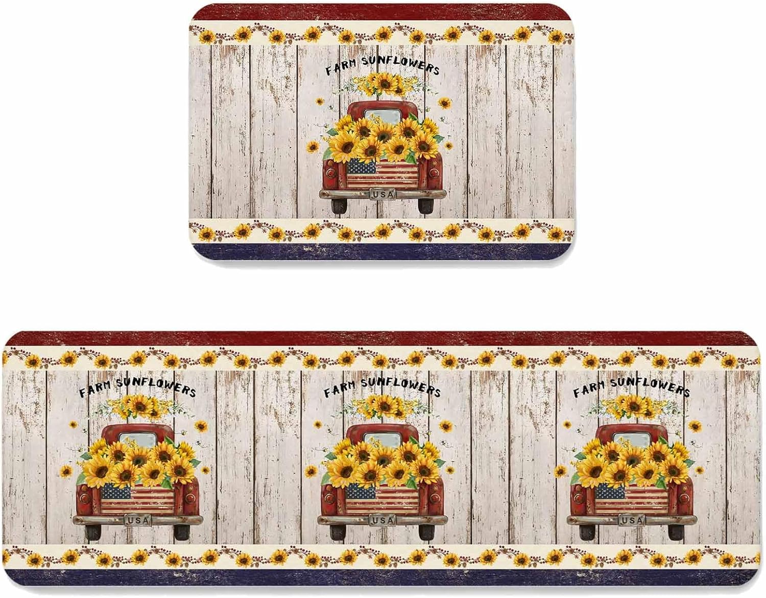 Prime Leader Farm Sunflowers Kitchen Mat Set 2 Pieces Summer Floral Red Truck Vine Fruit Wood Grain Non Slip Kitchen Rugs Washable Runner Rug Mats for Sink Laundry (23.6" x 35.4"+23.6" x 70.9")