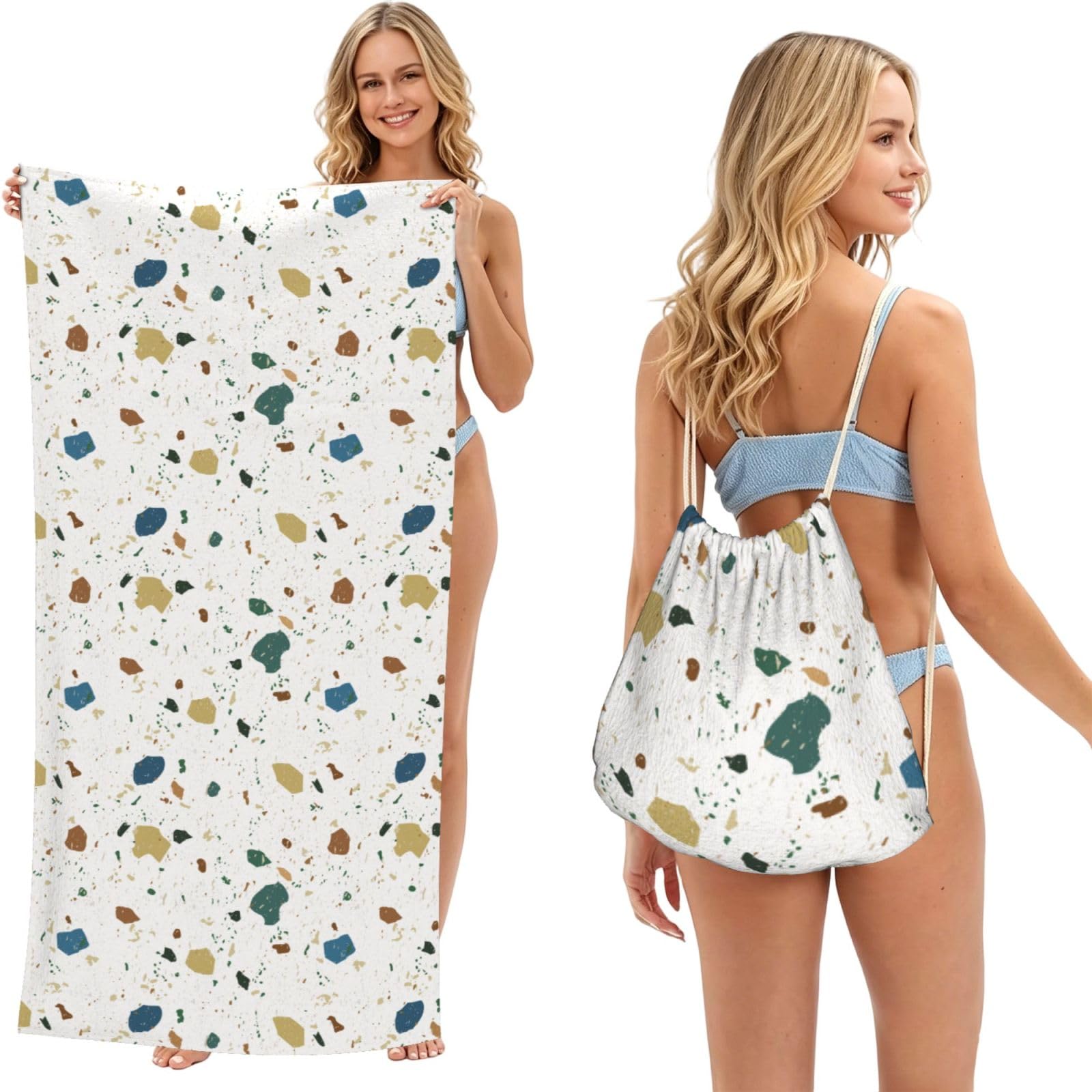 Poadnly As Picture Terrazzo Seamless Patterns Classic Italian Marble, 2 In 1 Packable Towel Bag, Beach Towels With Drawstring Backpack For Travel Holiday Camping