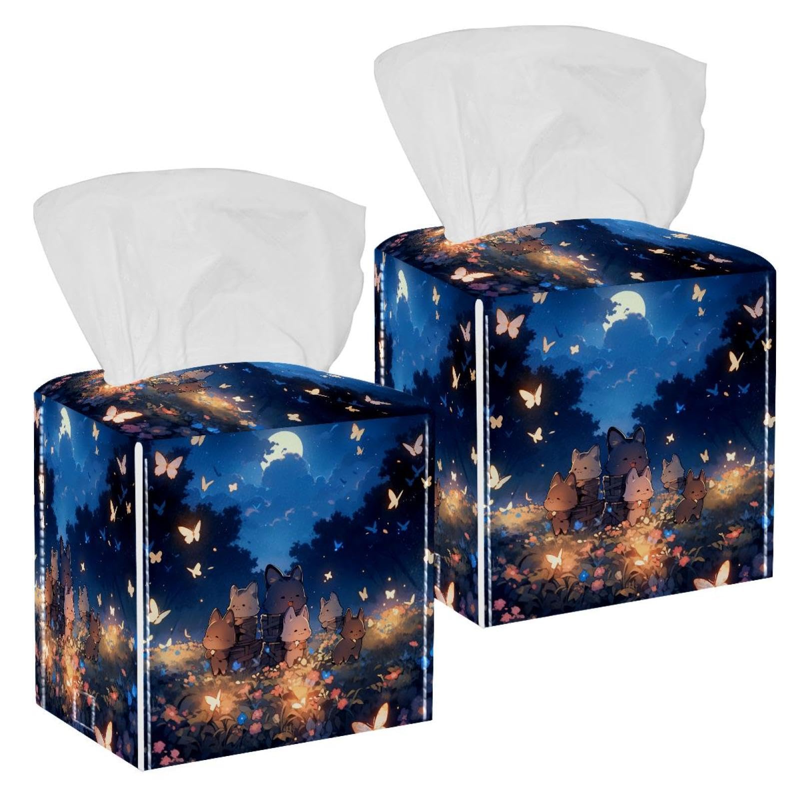 Lovely Cat Tissue Box Cover, 2 Pack PU Leather Square Facial Tissue Dispenser Box holder for Home Office Car