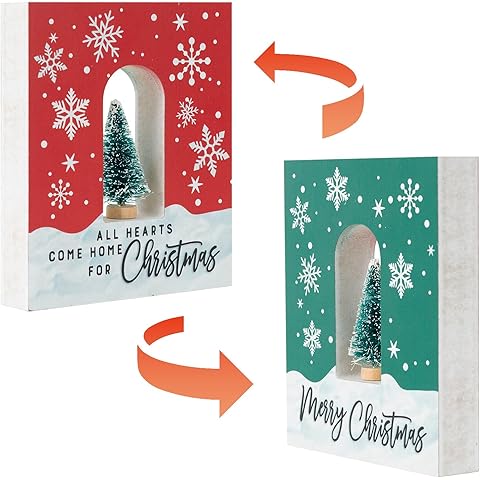 Double-Sided Christmas Tabletop Sign with Doorway & Mini Xmas Tree, Festive Wood Decor for Desk, Shelf, Mantle, Tray - Xmas Village Display Centerpiece(Christmas tree)