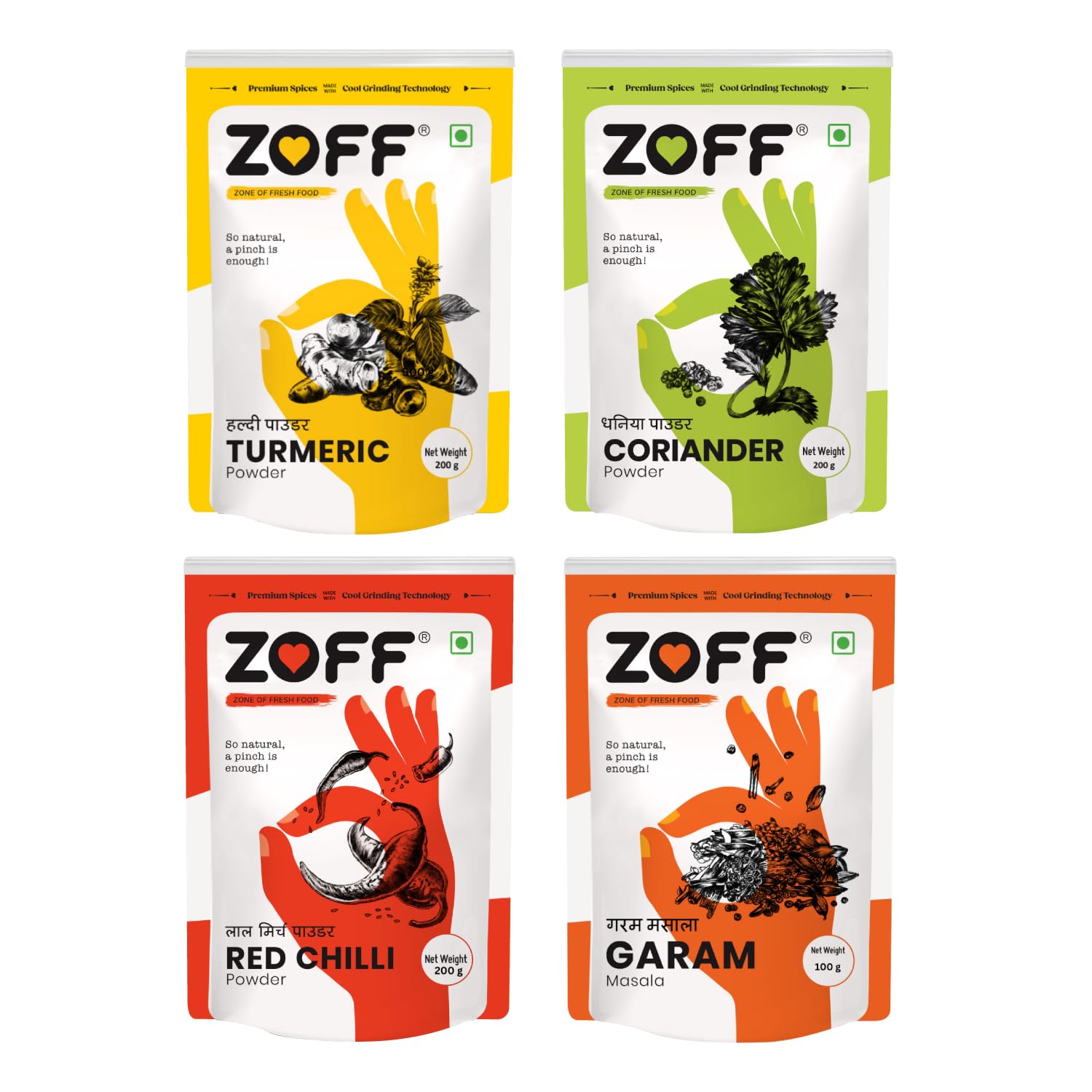 Zoff Powder Masala Spice Combo - Chilli Powder, Turmeric Powder, Coriander Powder & Garam Masala Pack of 4-100g Each