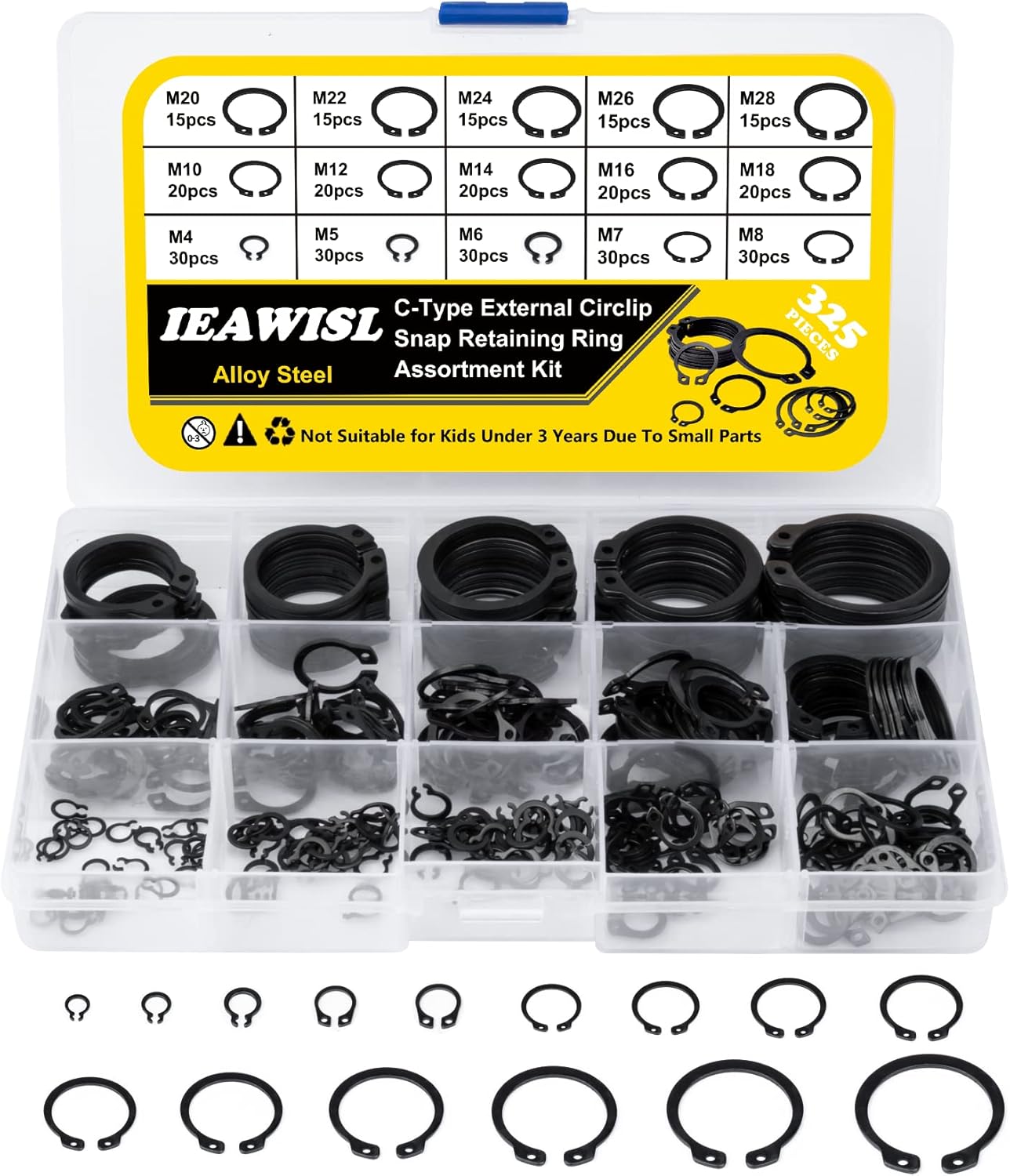 325PCS Snap Ring Circlips, Alloy Steel 15 Sizes CClips External