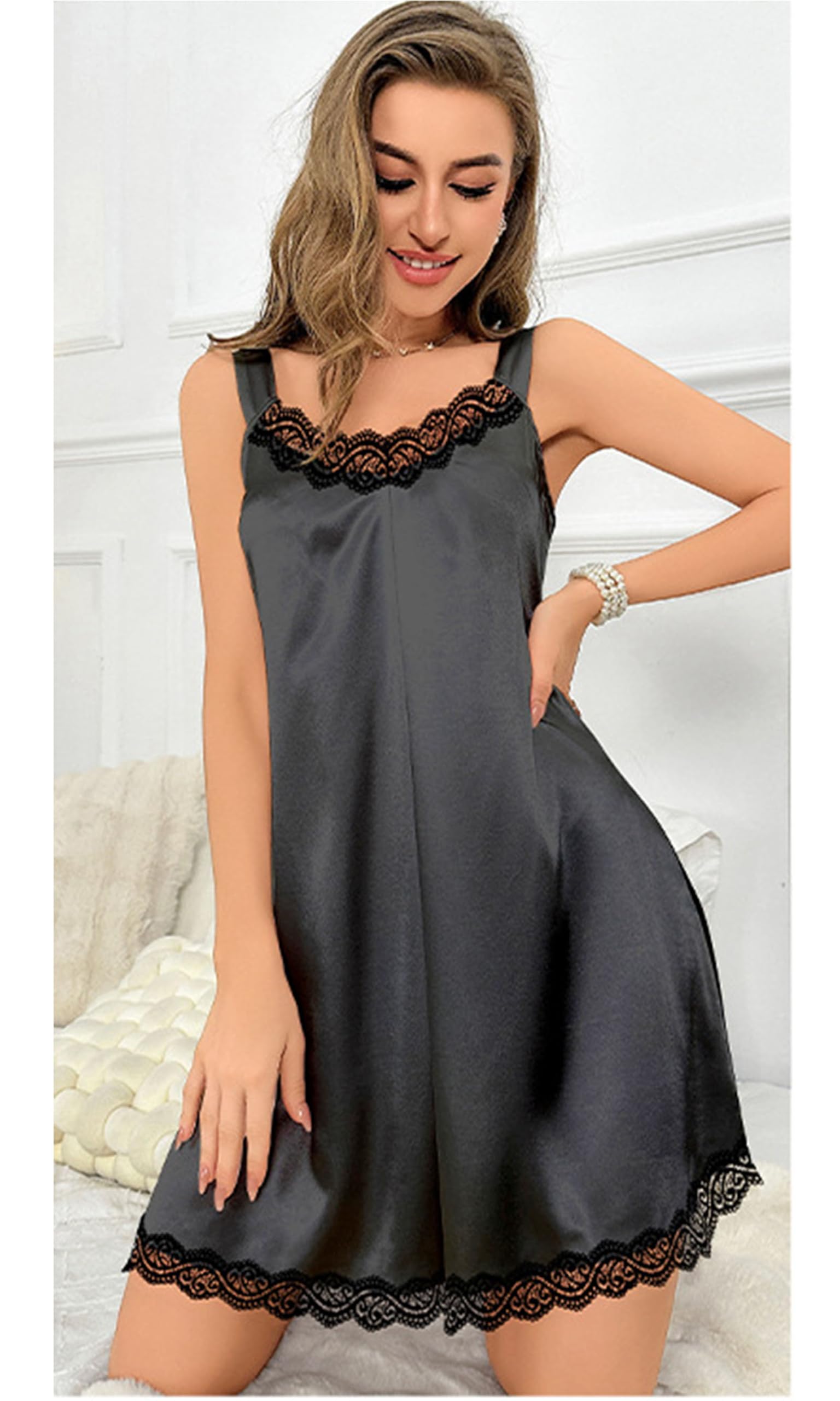 Femmes sans Manches Bretelles Chemise De Nuit Dentelle Slip Lingerie Robe Chemise De Nuit Col V