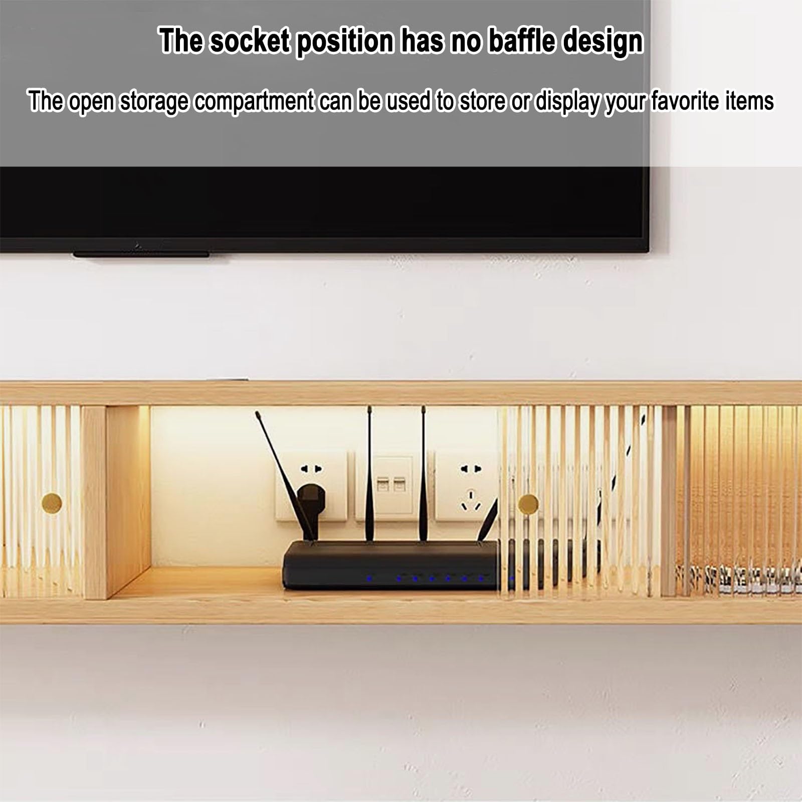 Soporte flotante para TV montado en la pared con estante de almacenamiento de vidrio arcoíris, centro de entretenimiento moderno para sala de estar, elegante decoración del hogar, diseño de ahorro de